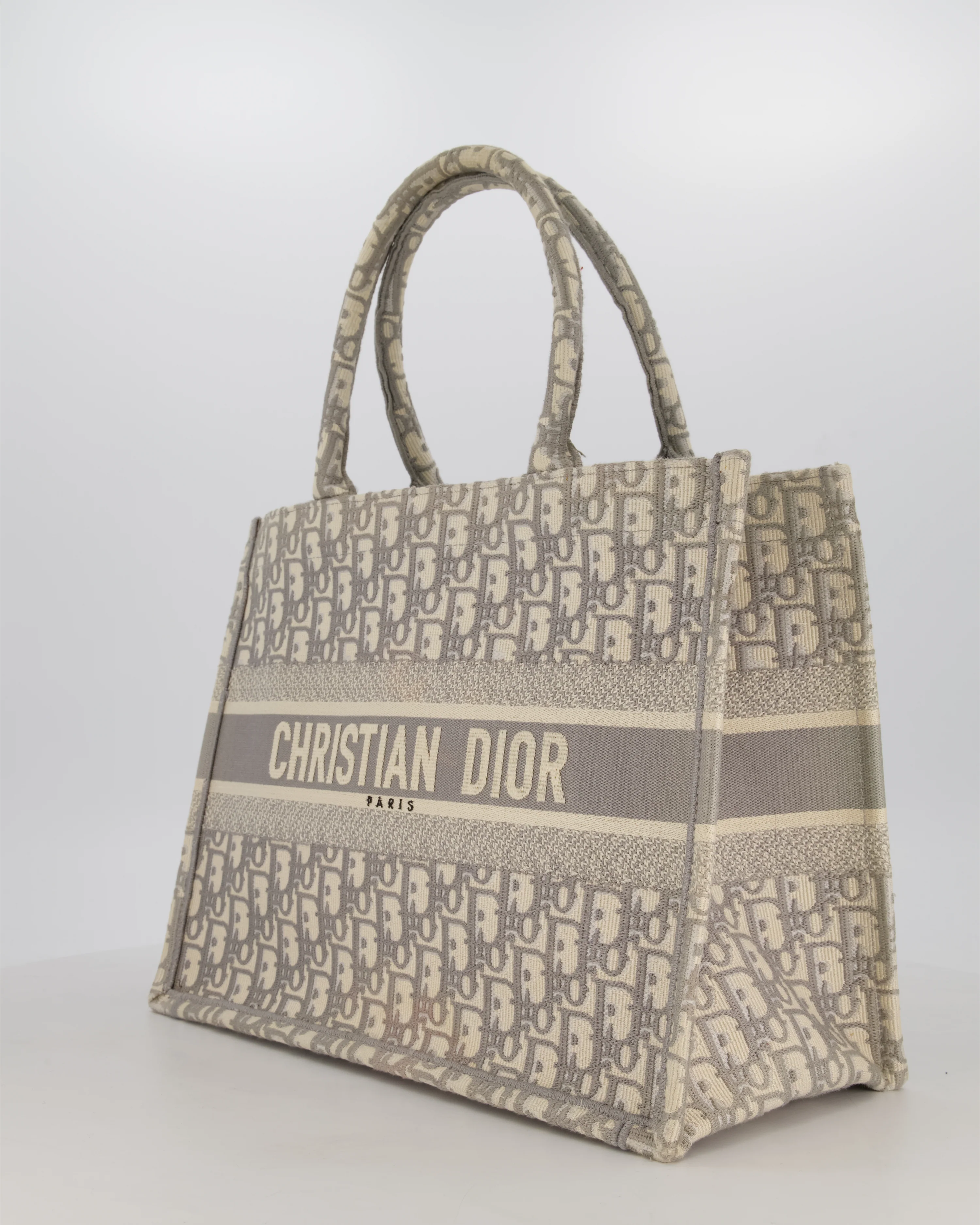Christian Dior Grey and Ecru Medium Book Tote in Oblique Embroidery - Image 8