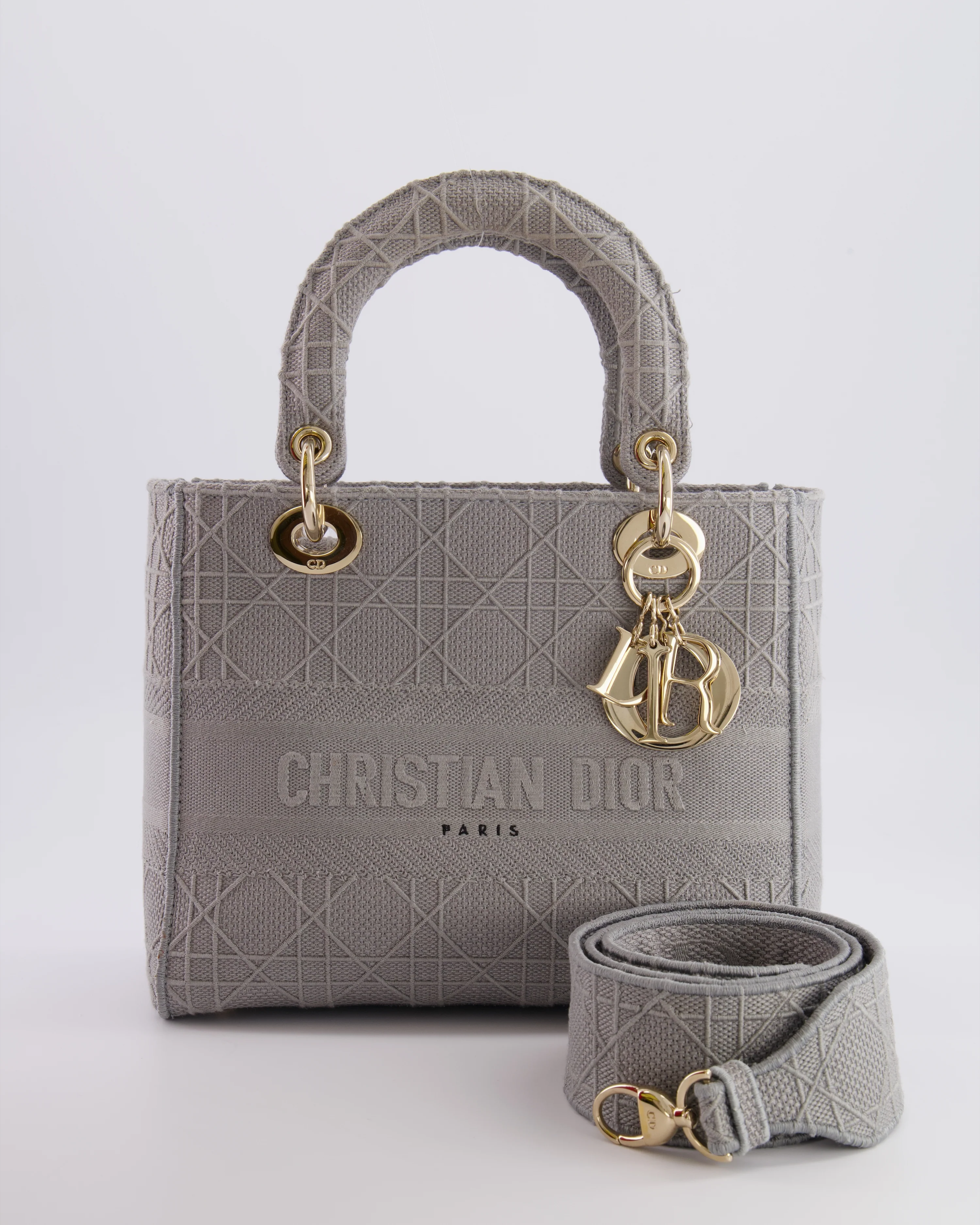 Christian Dior Grey Medium Lady D-Lite Bag in Embroidered Cannage Canvas with Champagne Gold Hardware RRP £4,300