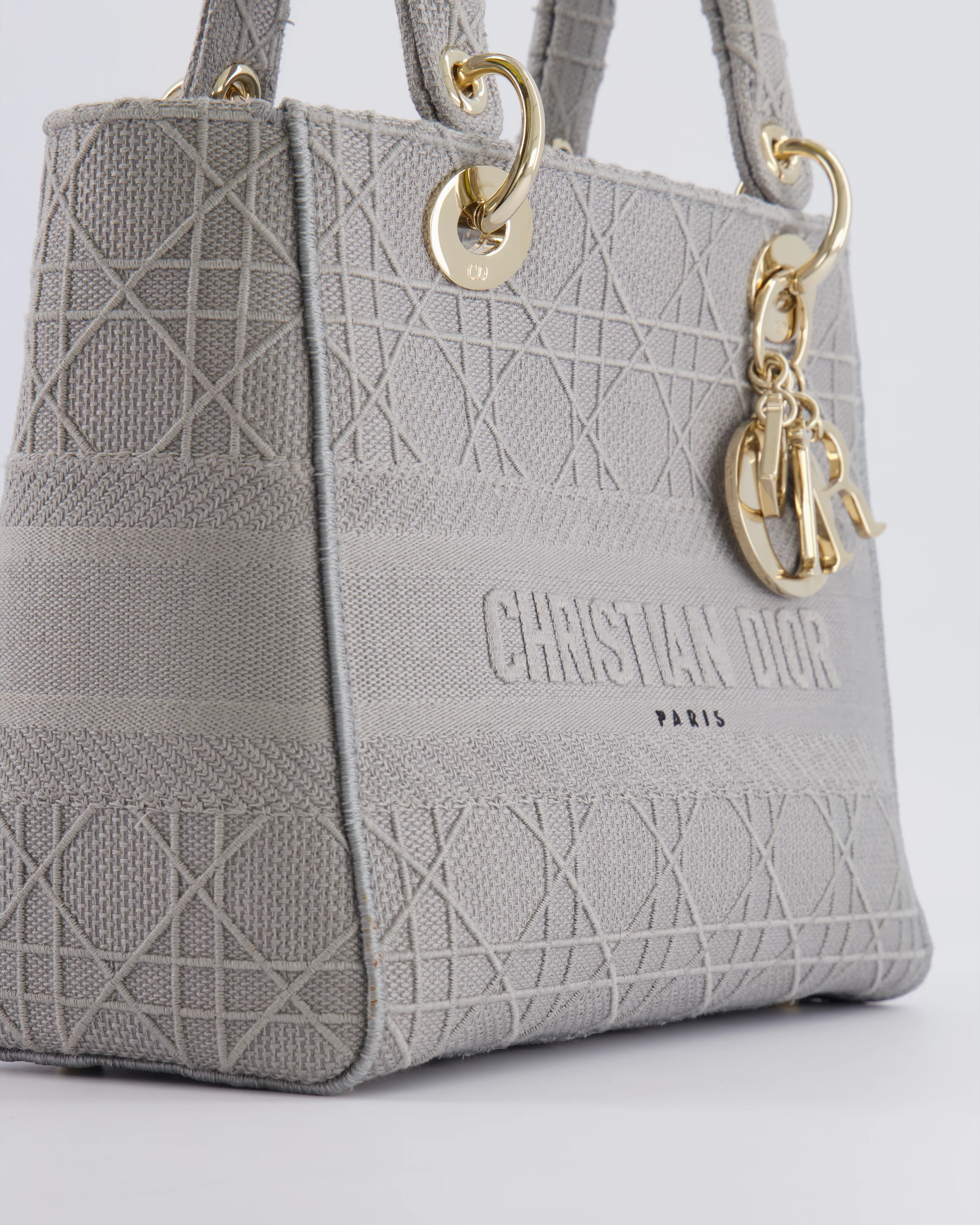 Christian Dior Grey Medium Lady D-Lite Bag in Embroidered Cannage Canvas with Champagne Gold Hardware RRP £4,300 - Image 12
