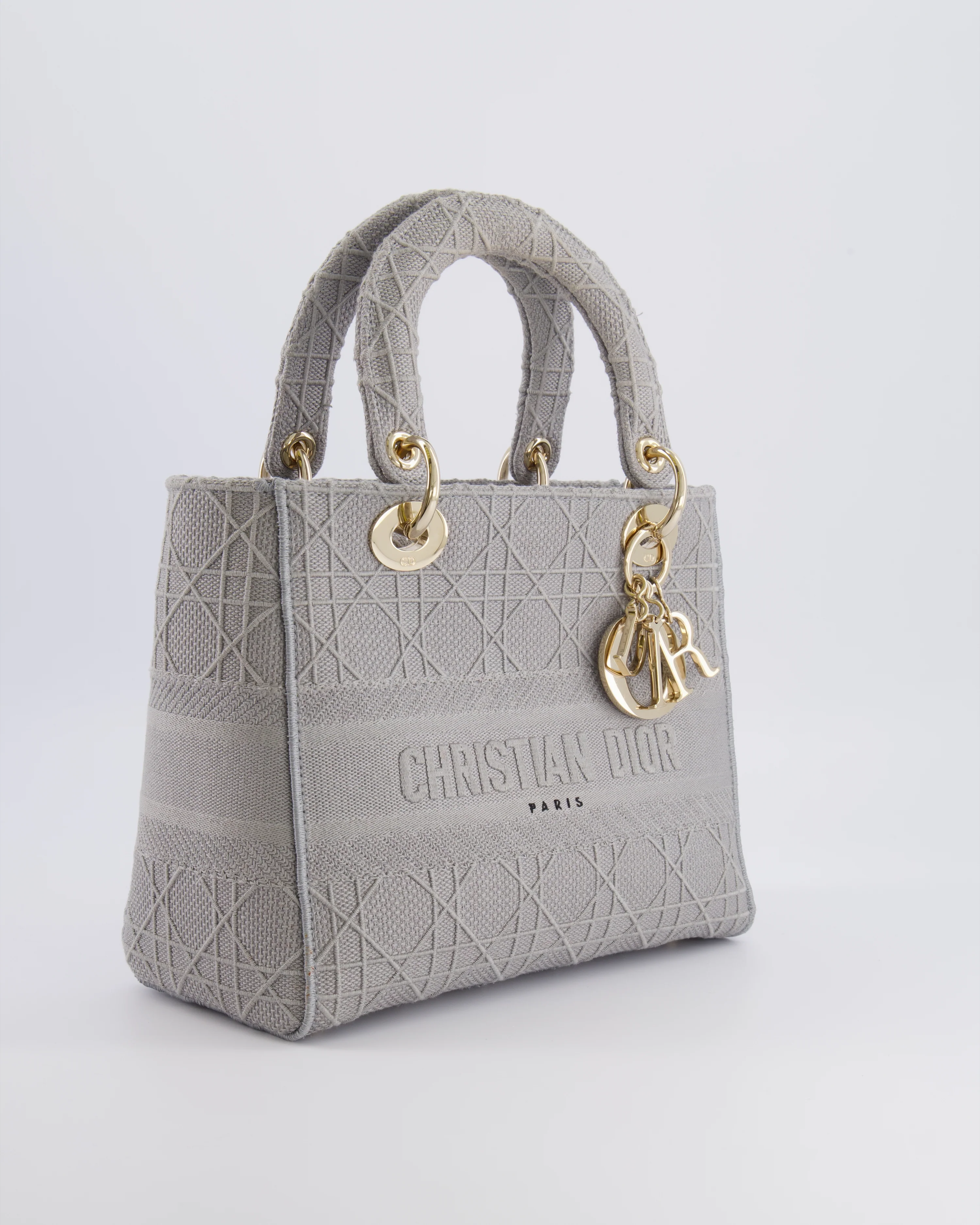 Christian Dior Grey Medium Lady D-Lite Bag in Embroidered Cannage Canvas with Champagne Gold Hardware RRP £4,300 - Image 2