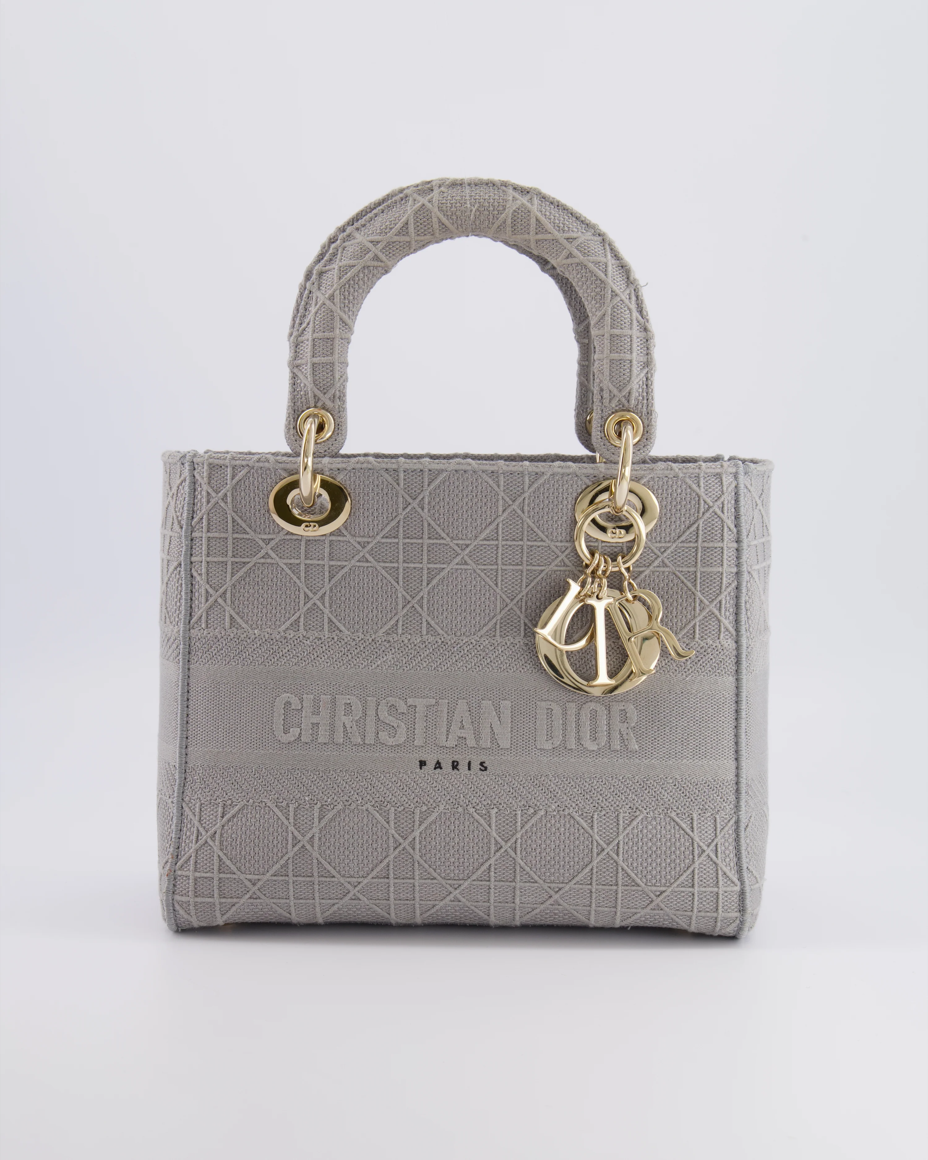 Christian Dior Grey Medium Lady D-Lite Bag in Embroidered Cannage Canvas with Champagne Gold Hardware RRP £4,300 - Image 3