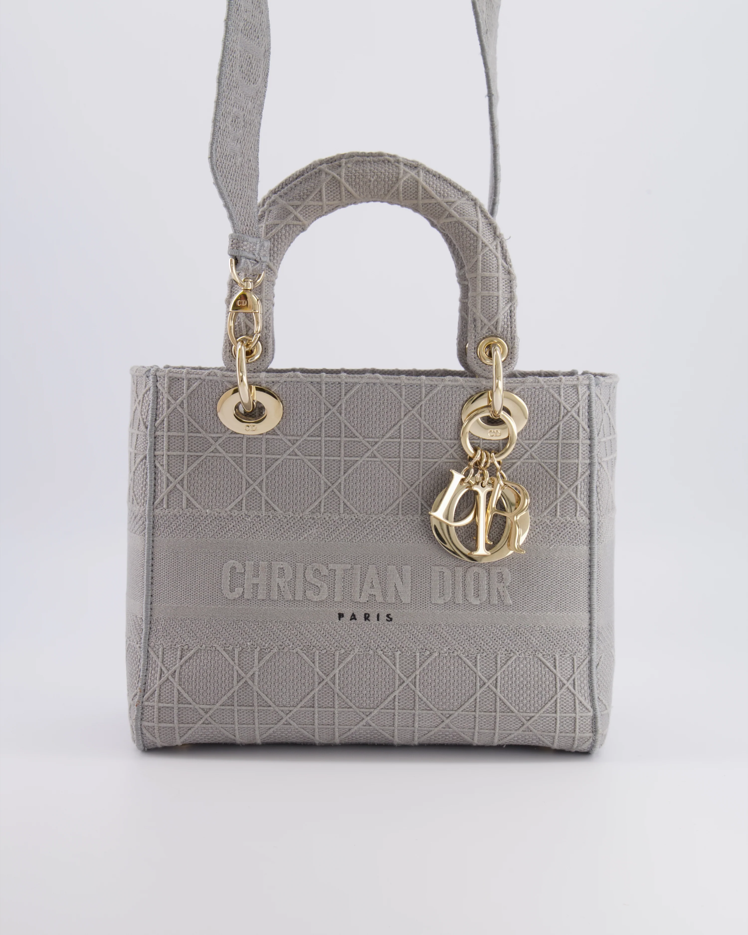 Christian Dior Grey Medium Lady D-Lite Bag in Embroidered Cannage Canvas with Champagne Gold Hardware RRP £4,300 - Image 4