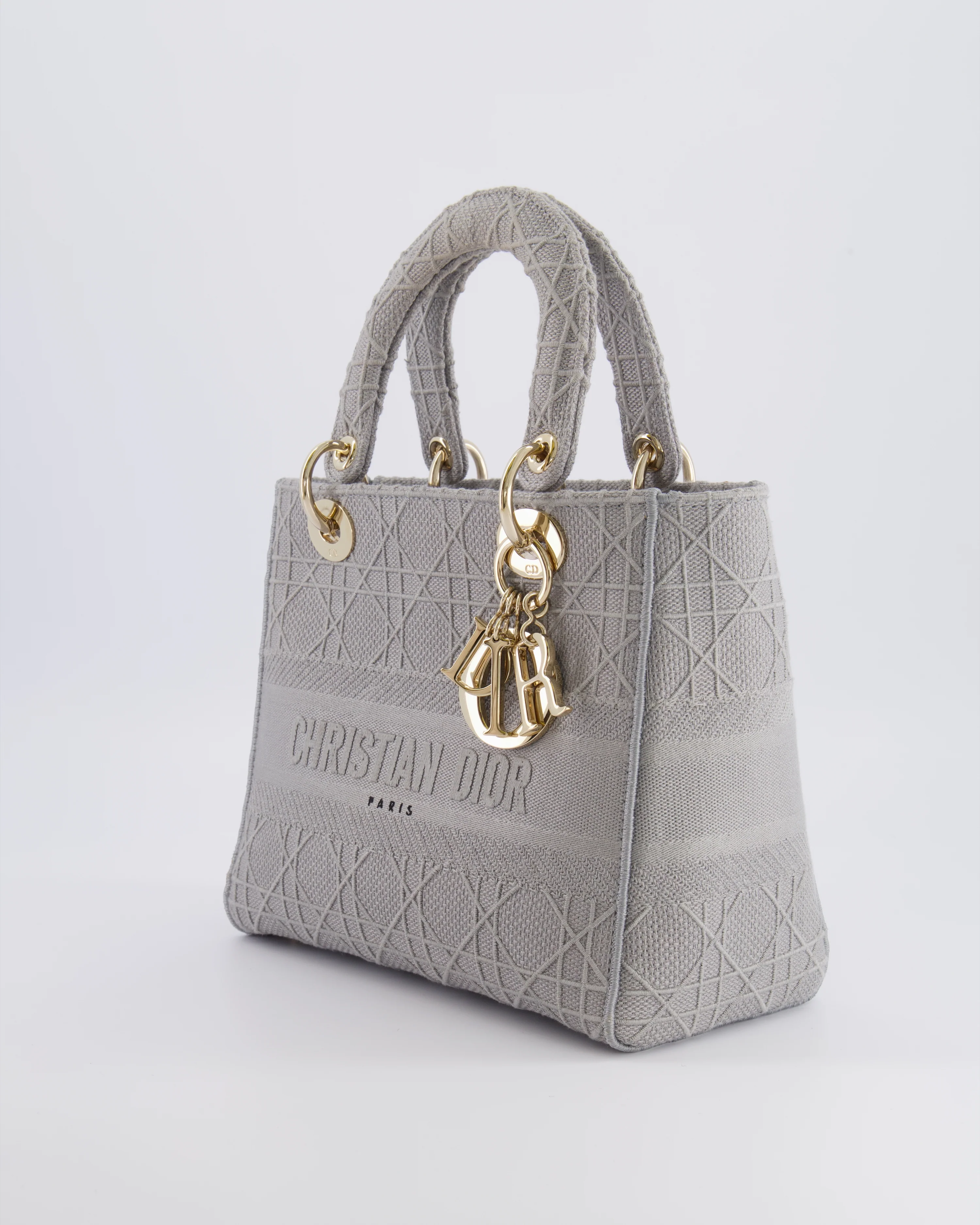 Christian Dior Grey Medium Lady D-Lite Bag in Embroidered Cannage Canvas with Champagne Gold Hardware RRP £4,300 - Image 7