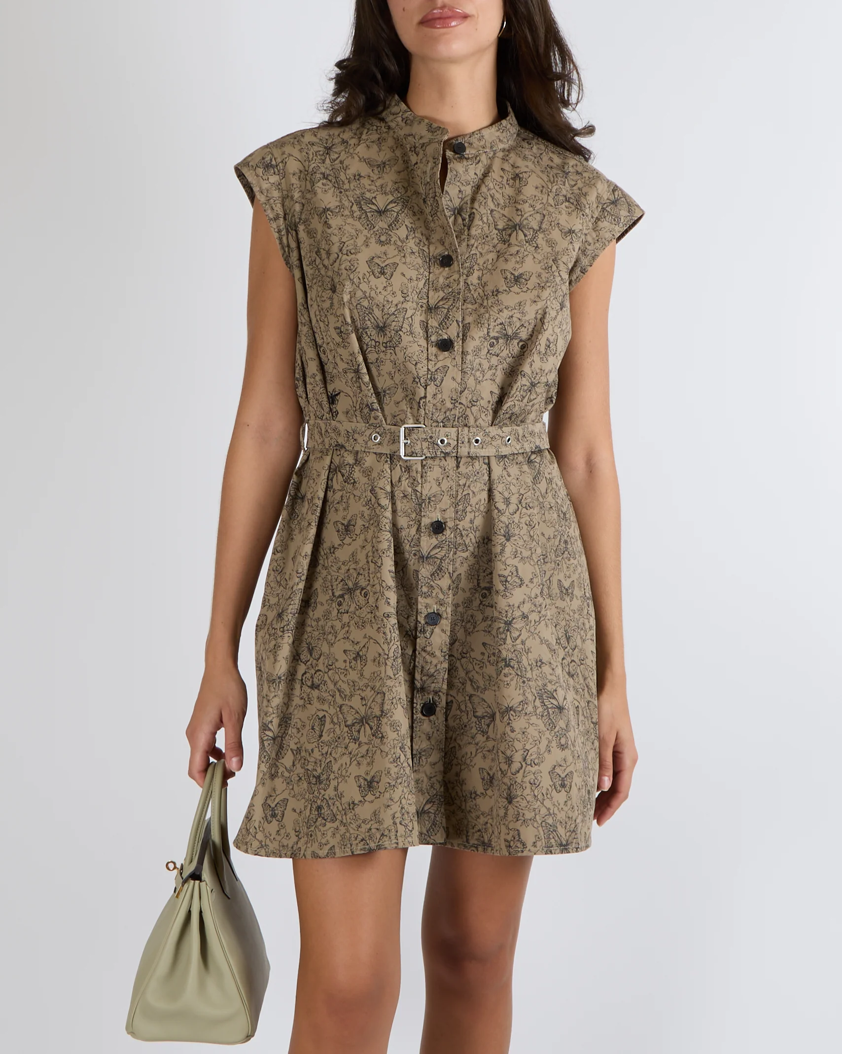 Christian Dior Khaki Toile de Jouy Papillon Sleeveless Belted Shirt Mini Dress with Black Butterfly and Floral Motif Size FR 40 (UK 12) - Image 2