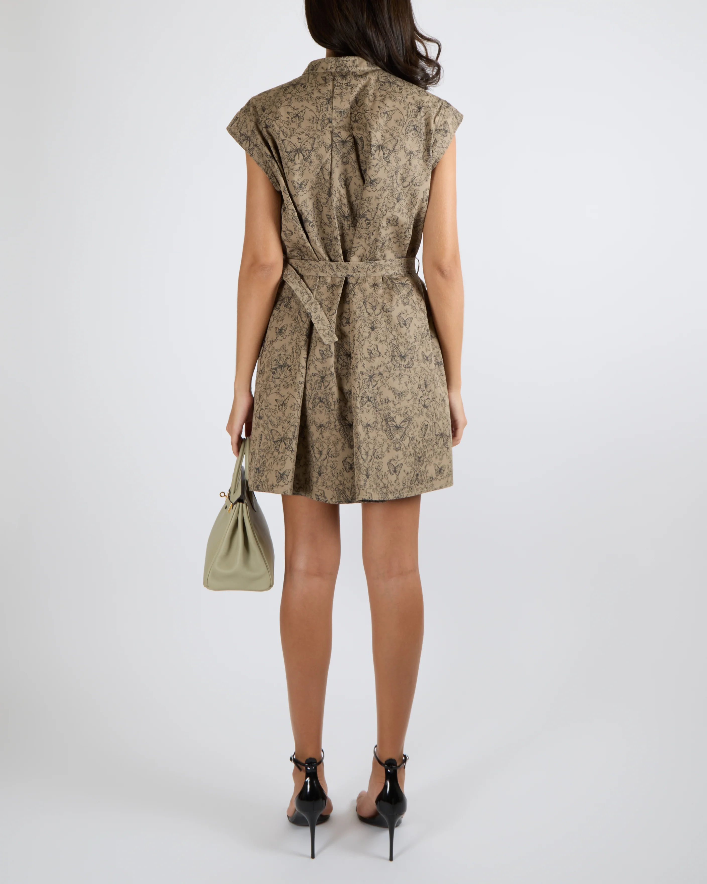 Christian Dior Khaki Toile de Jouy Papillon Sleeveless Belted Shirt Mini Dress with Black Butterfly and Floral Motif Size FR 40 (UK 12) - Image 3