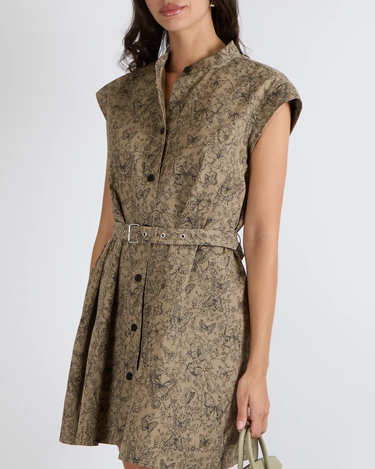 Christian Dior Khaki Toile de Jouy Papillon Sleeveless Belted Shirt Mini Dress with Black Butterfly and Floral Motif Size FR 40 (UK 12) - Image 4
