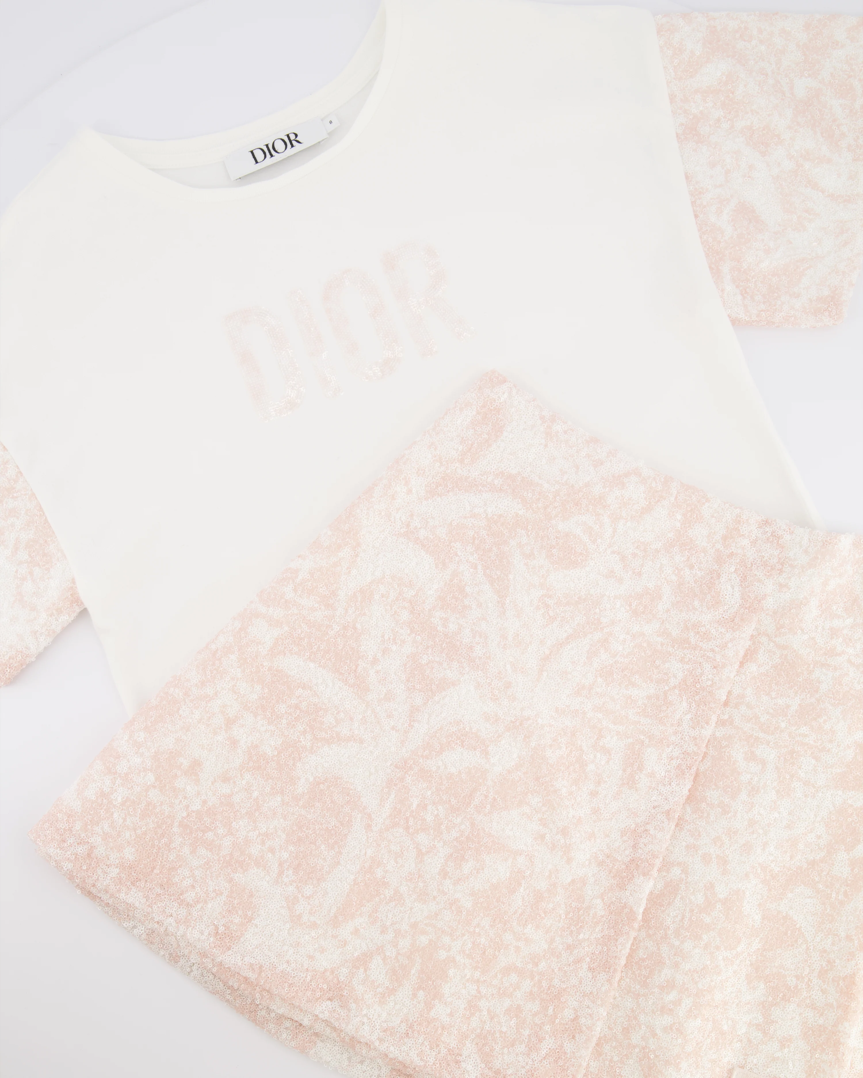 Christian Dior Kids White and Pink Sequin Embellished Logo T-Shirt and Skirt Set Size 8 years RRP £820 - Image 2
