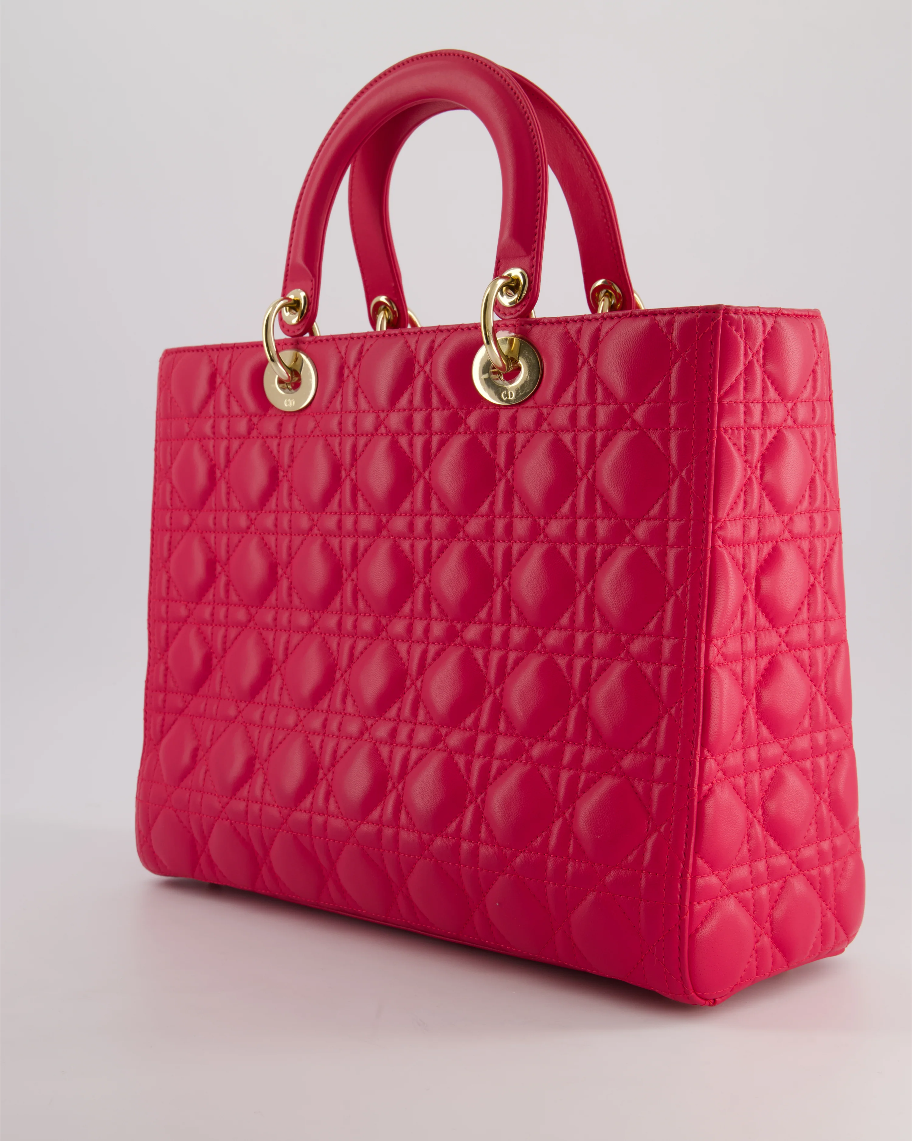 Christian Dior Large Lady Dior Bag in Hot Pink Lambskin Leather with Gold Hardware - Image 5