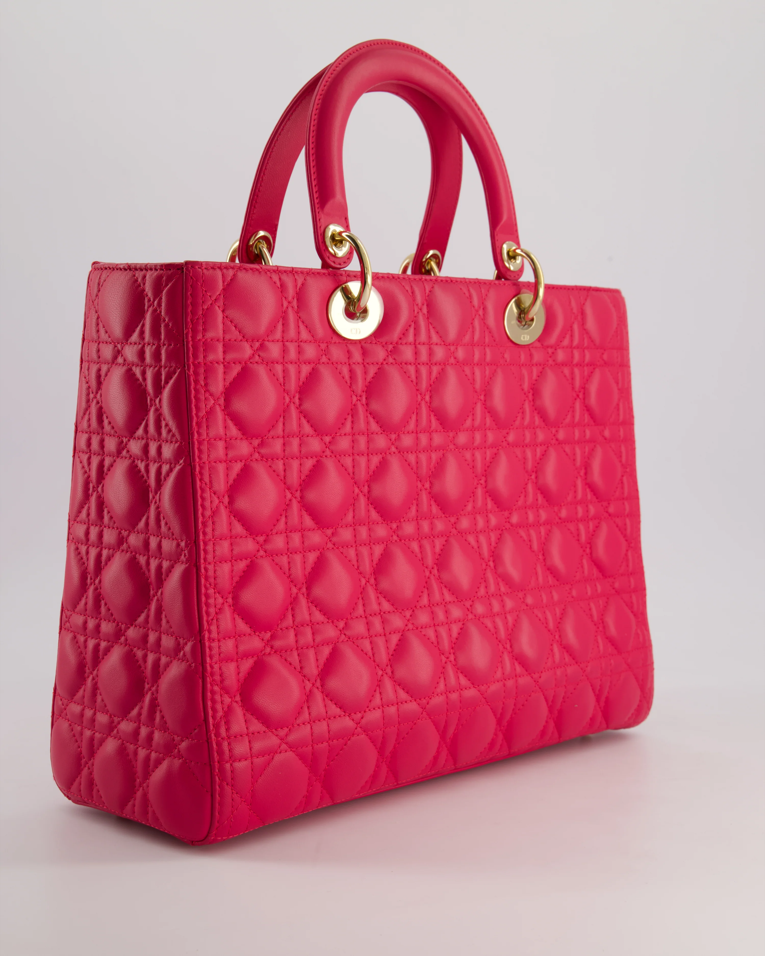 Christian Dior Large Lady Dior Bag in Hot Pink Lambskin Leather with Gold Hardware - Image 7