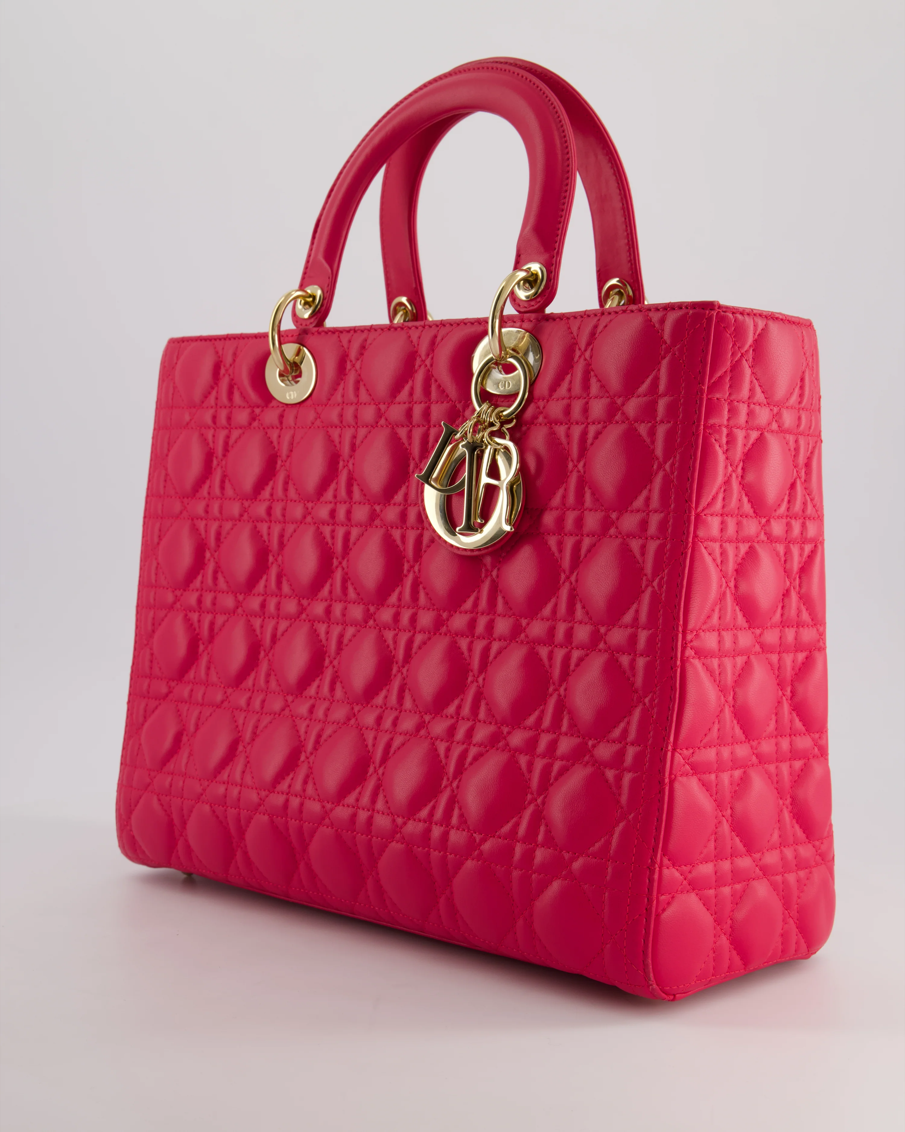 Christian Dior Large Lady Dior Bag in Hot Pink Lambskin Leather with Gold Hardware - Image 9