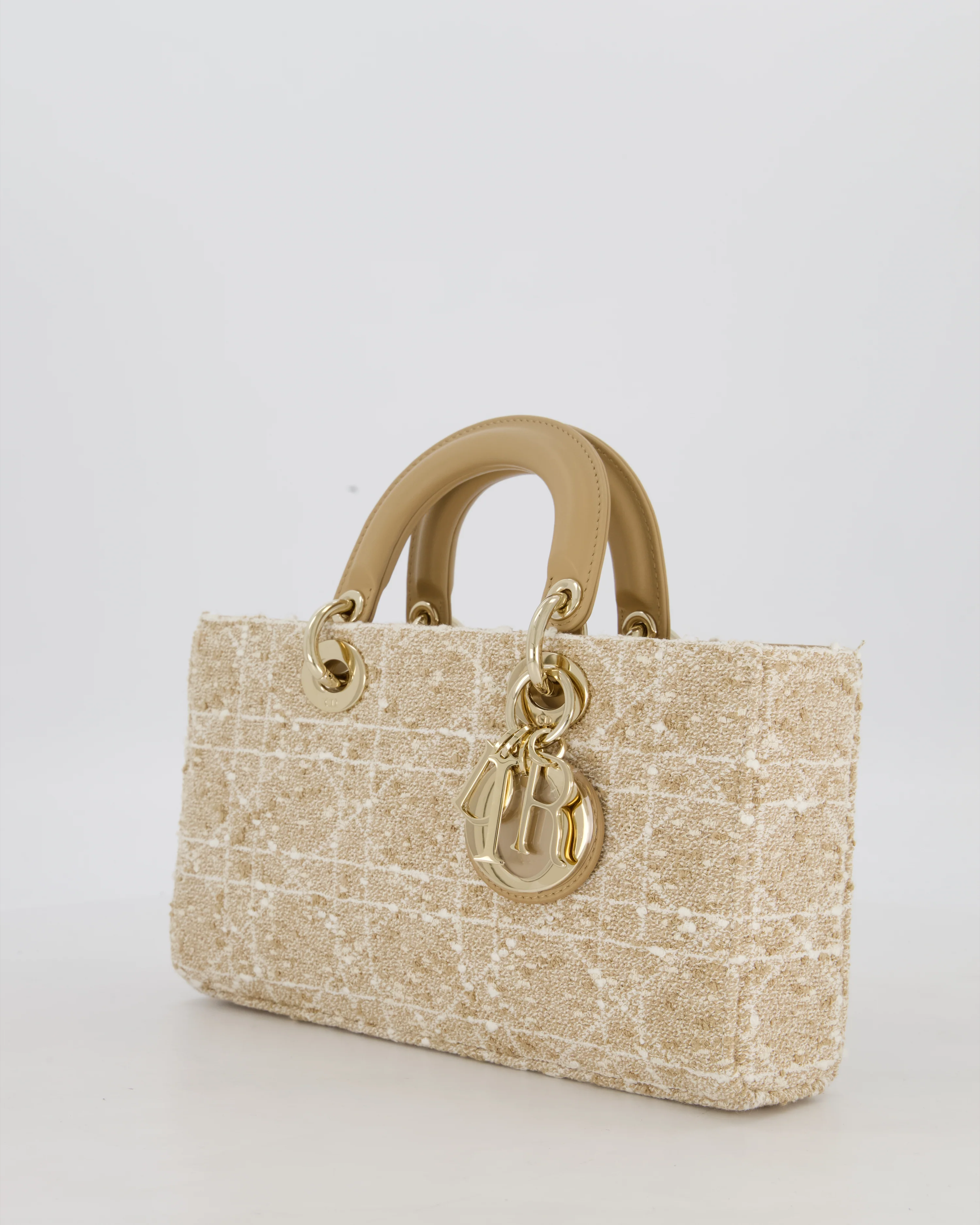 Christian Dior Medium D-Joy in Beige & Écru Tweed Canvas & Beige Leather Handles with Champagne Gold Hardware - Image 10