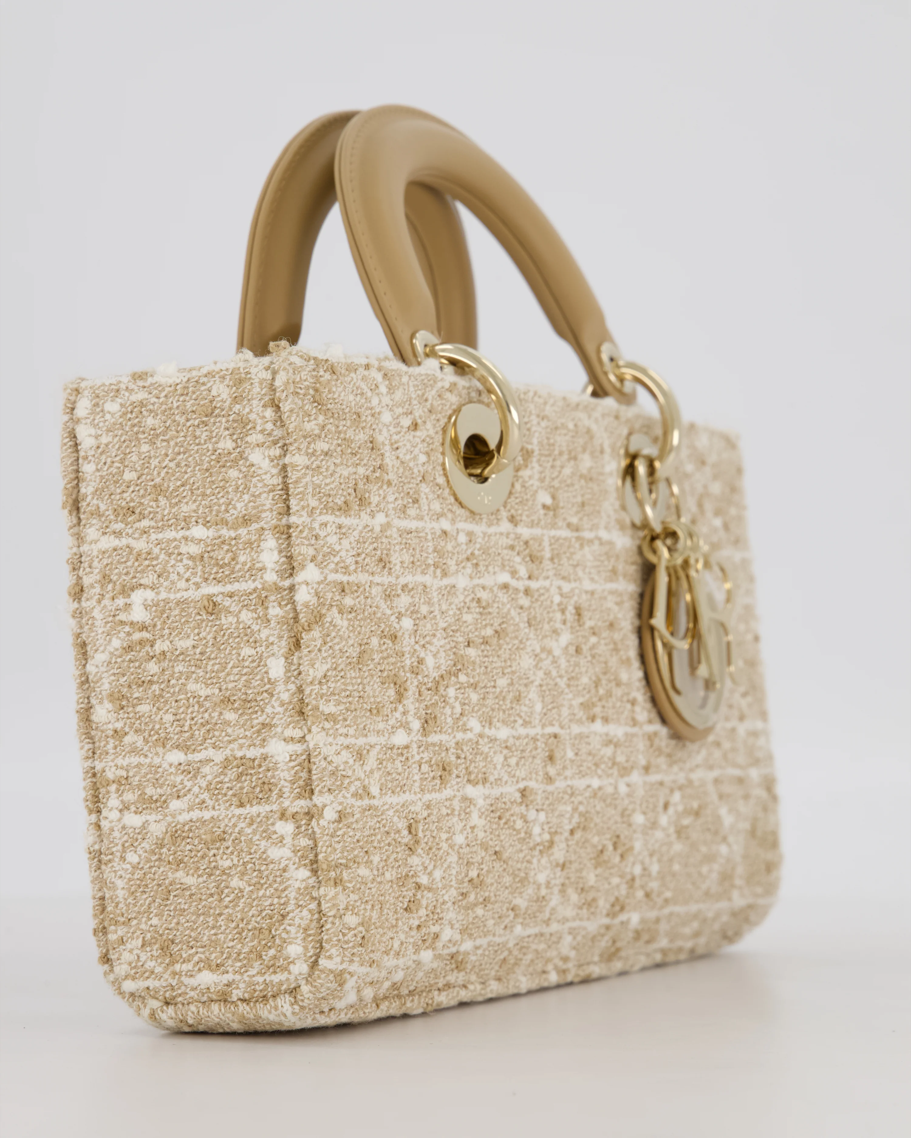 Christian Dior Medium D-Joy in Beige & Écru Tweed Canvas & Beige Leather Handles with Champagne Gold Hardware - Image 11