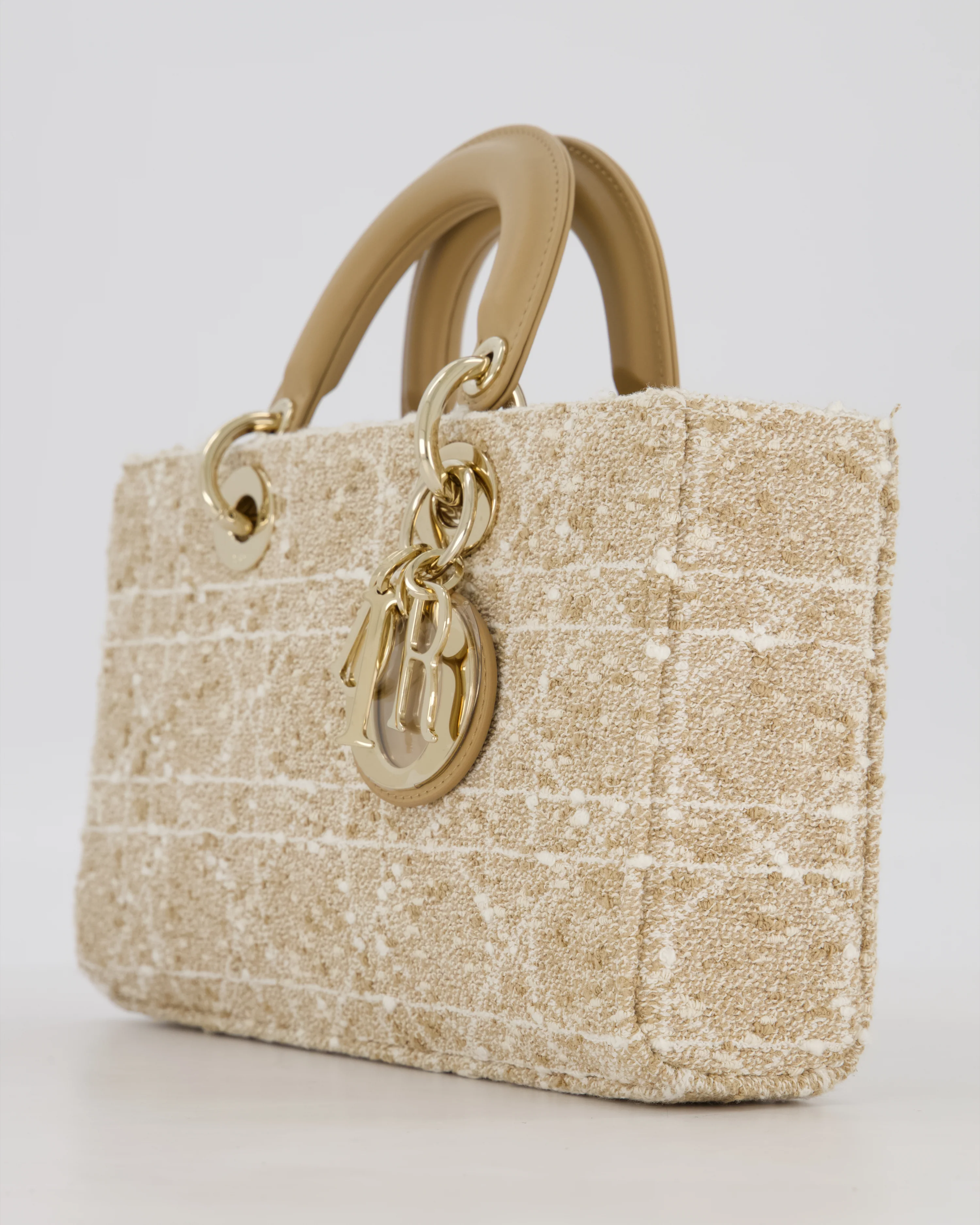 Christian Dior Medium D-Joy in Beige & Écru Tweed Canvas & Beige Leather Handles with Champagne Gold Hardware - Image 12
