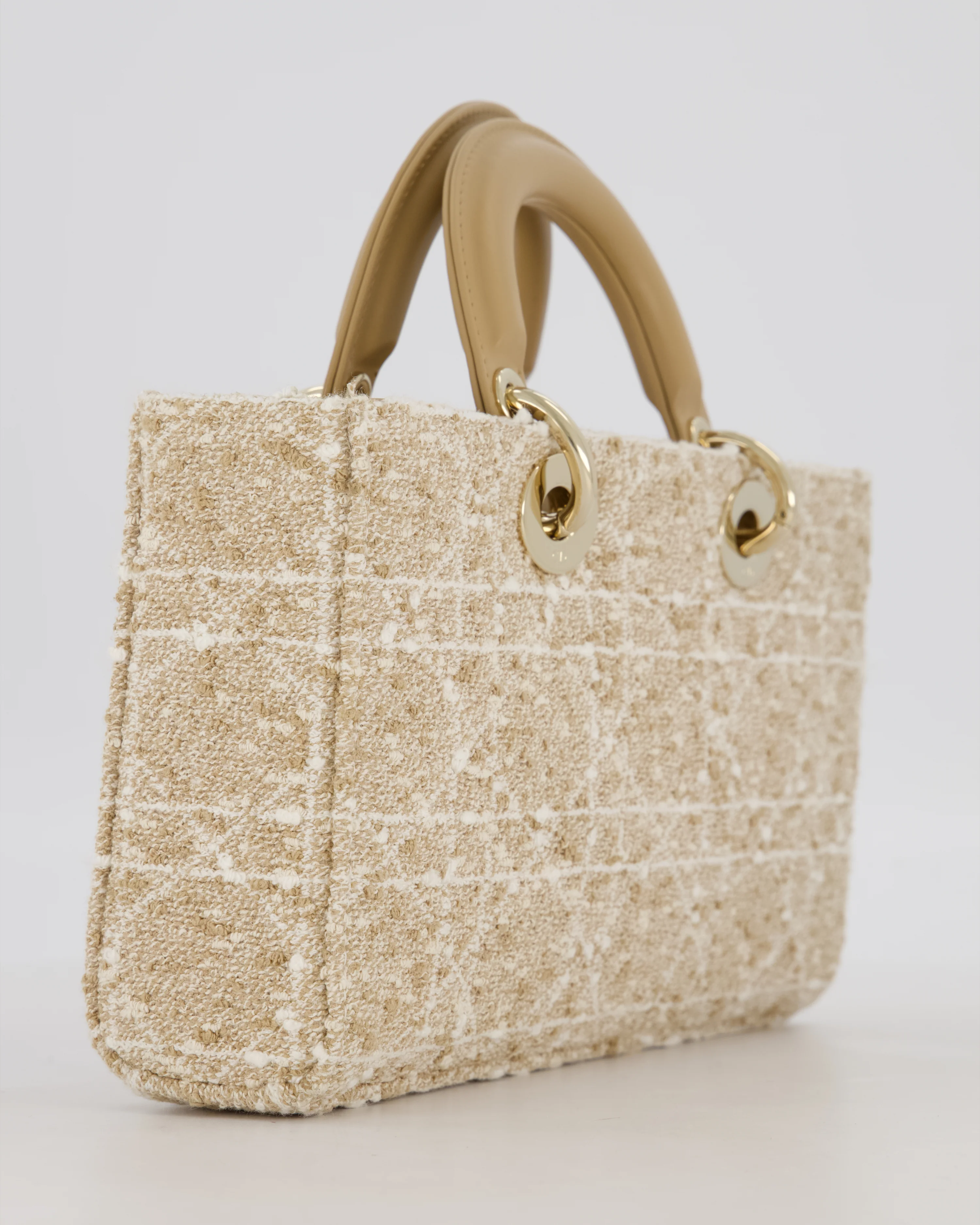 Christian Dior Medium D-Joy in Beige & Écru Tweed Canvas & Beige Leather Handles with Champagne Gold Hardware - Image 13
