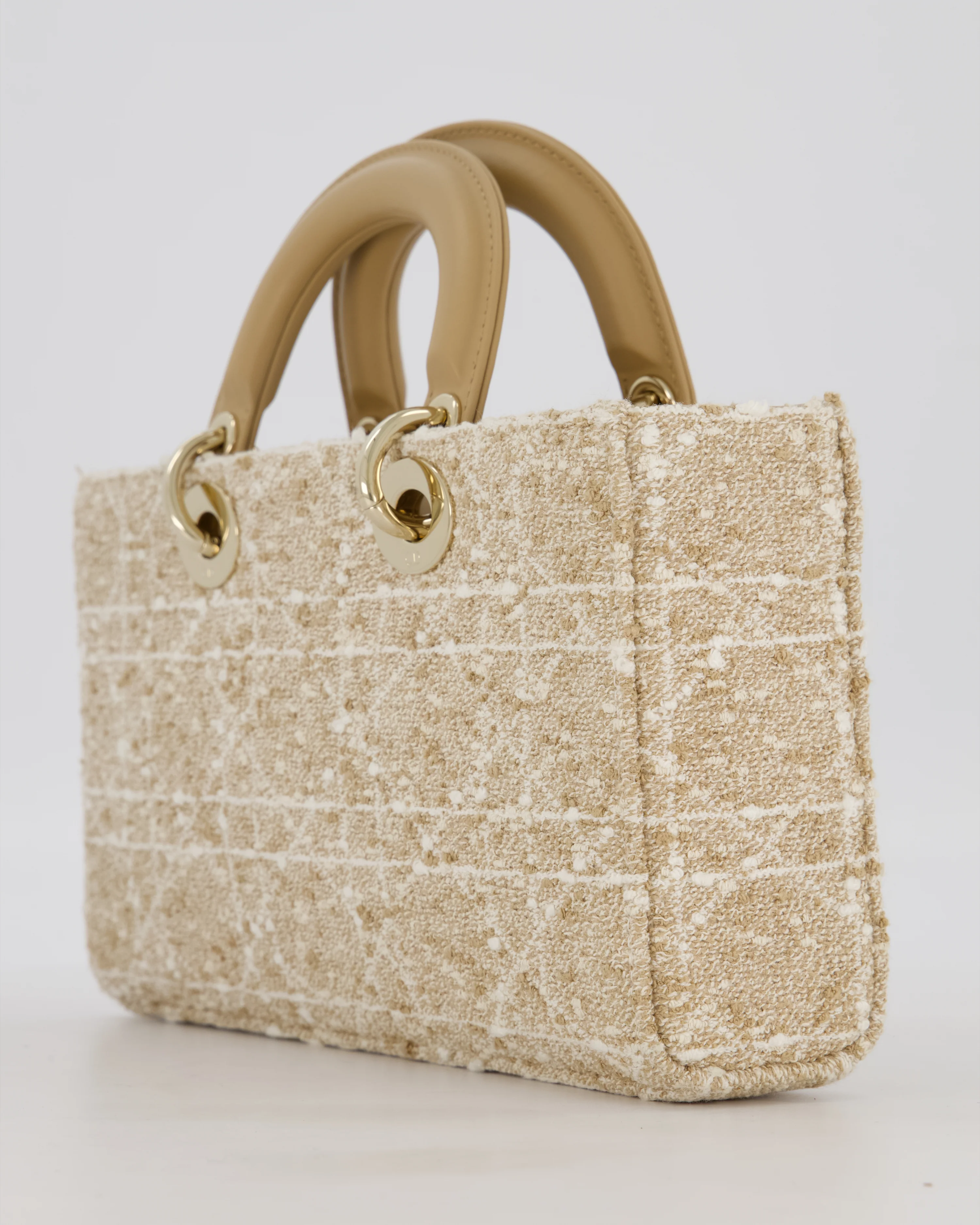 Christian Dior Medium D-Joy in Beige & Écru Tweed Canvas & Beige Leather Handles with Champagne Gold Hardware - Image 14