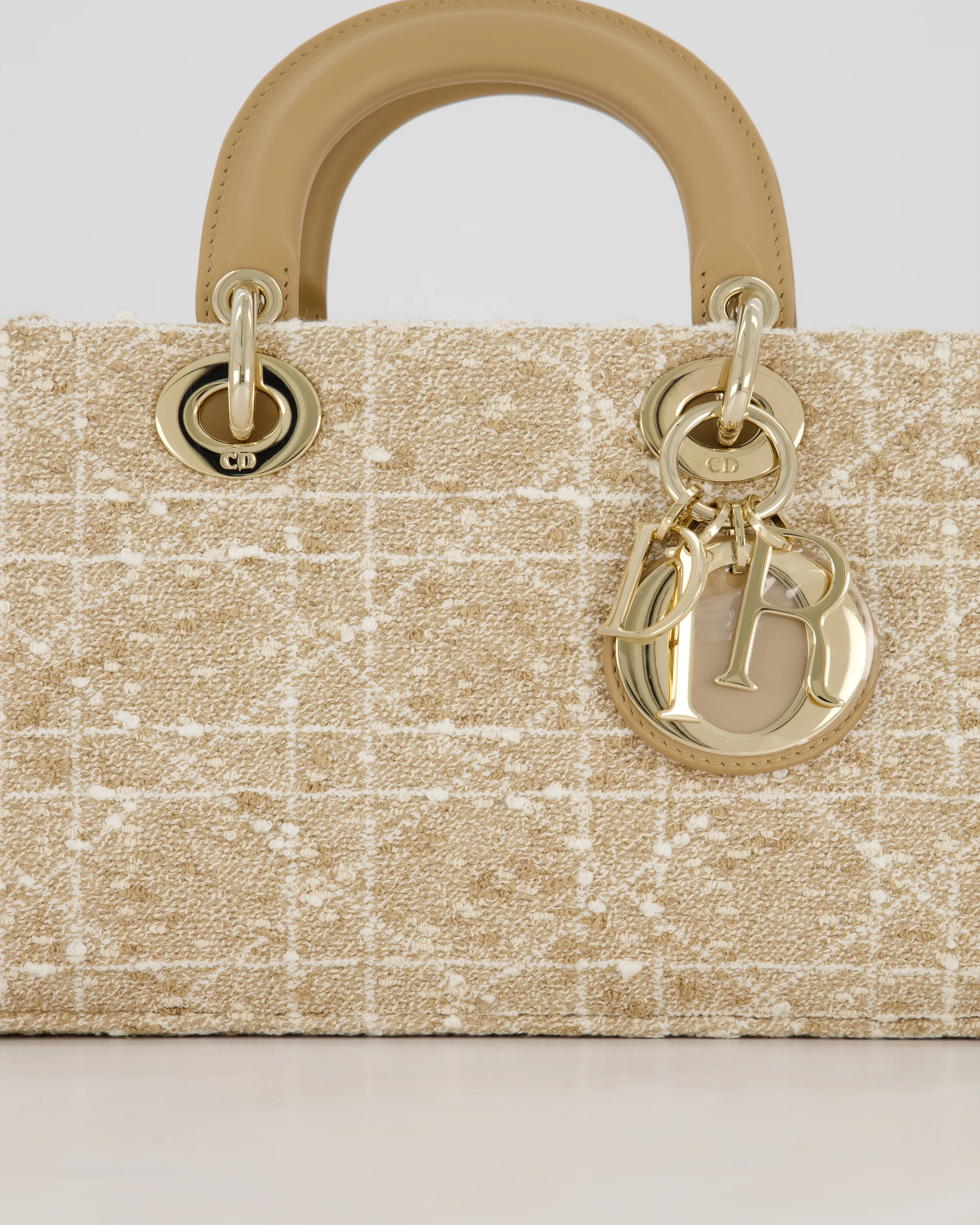 Christian Dior Medium D-Joy in Beige & Écru Tweed Canvas & Beige Leather Handles with Champagne Gold Hardware - Image 15