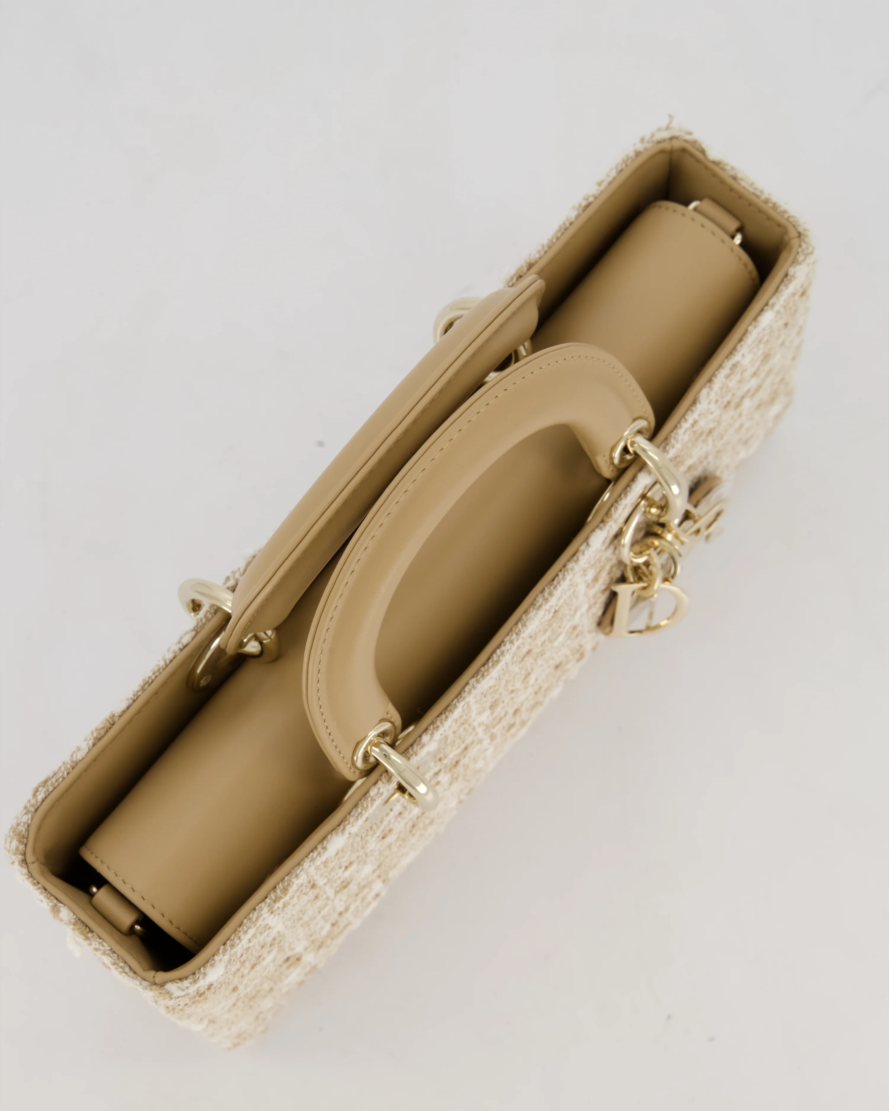 Christian Dior Medium D-Joy in Beige & Écru Tweed Canvas & Beige Leather Handles with Champagne Gold Hardware - Image 19