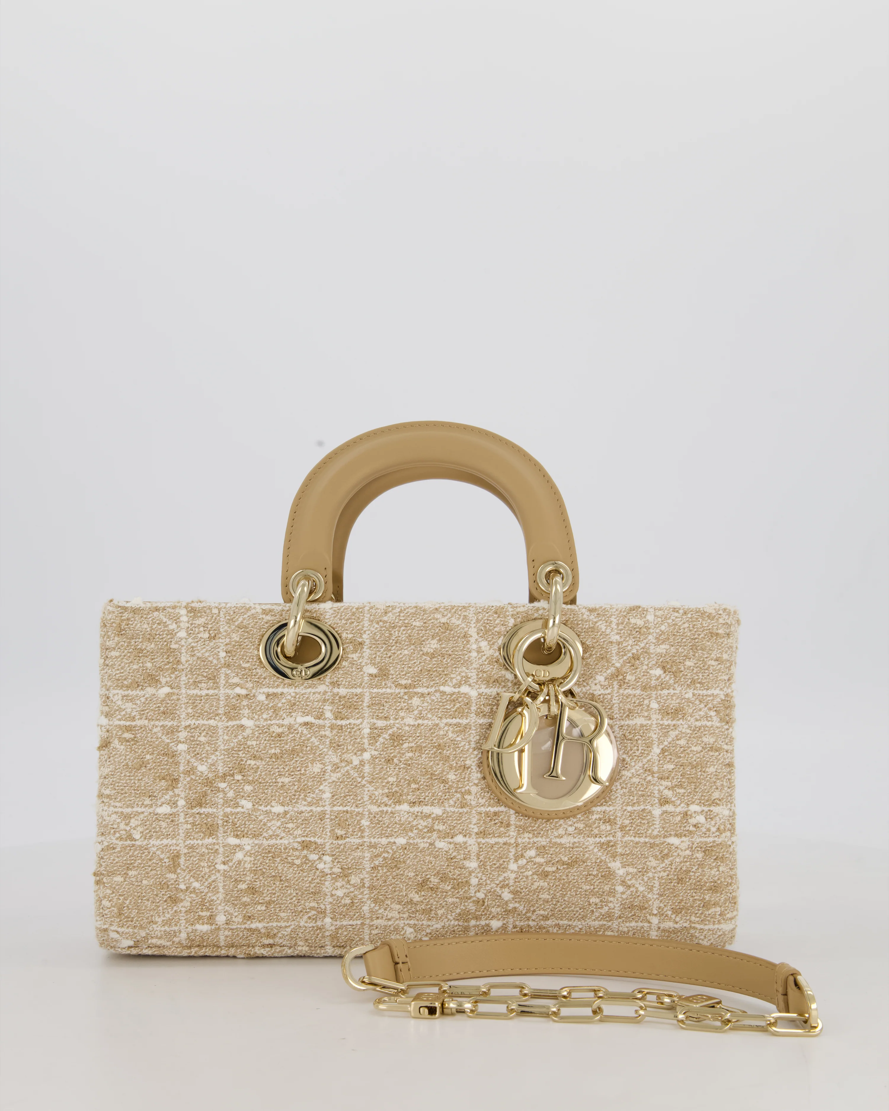 Christian Dior Medium D-Joy in Beige & Écru Tweed Canvas & Beige Leather Handles with Champagne Gold Hardware - Image 2