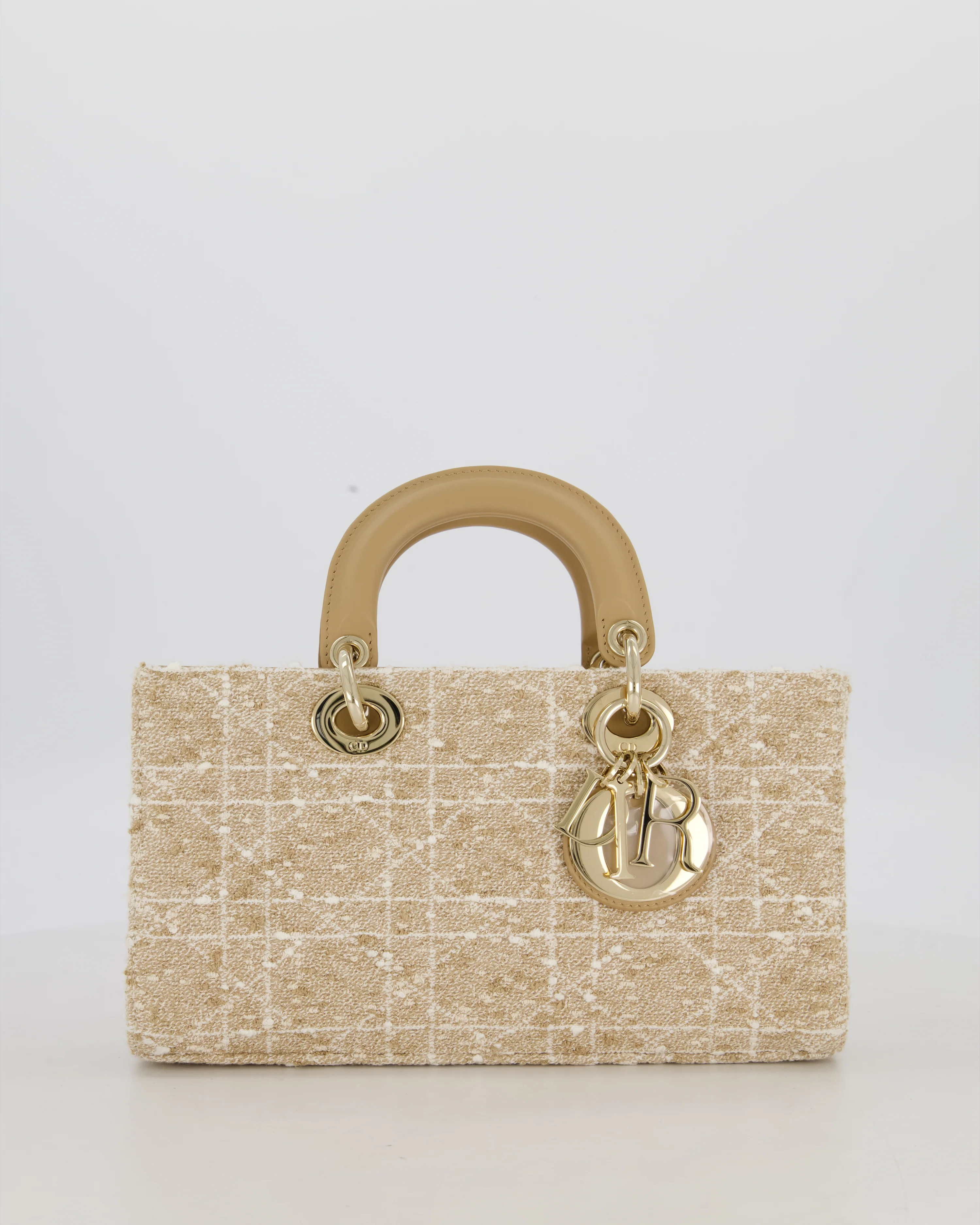 Christian Dior Medium D-Joy in Beige & Écru Tweed Canvas & Beige Leather Handles with Champagne Gold Hardware - Image 3