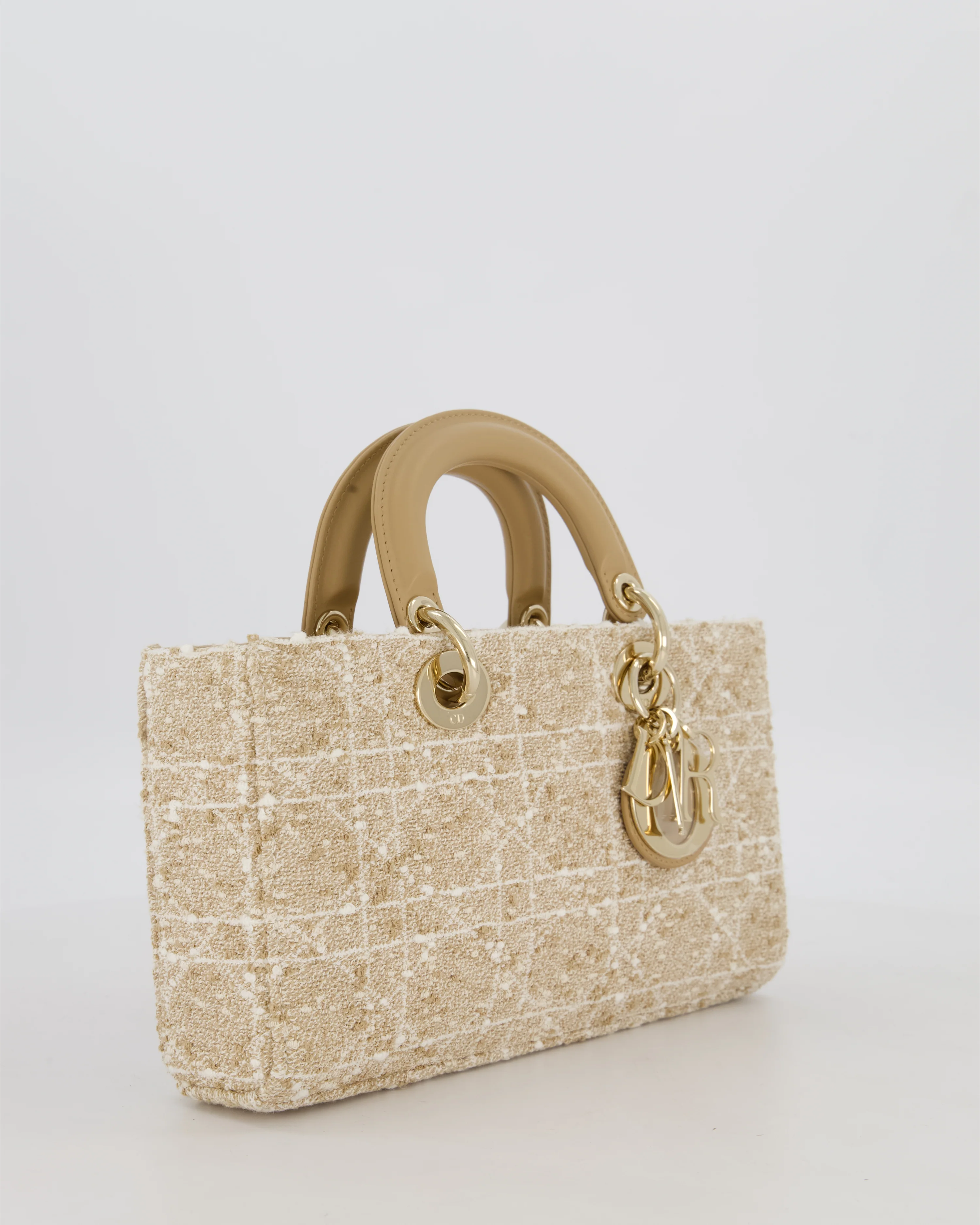 Christian Dior Medium D-Joy in Beige & Écru Tweed Canvas & Beige Leather Handles with Champagne Gold Hardware - Image 4