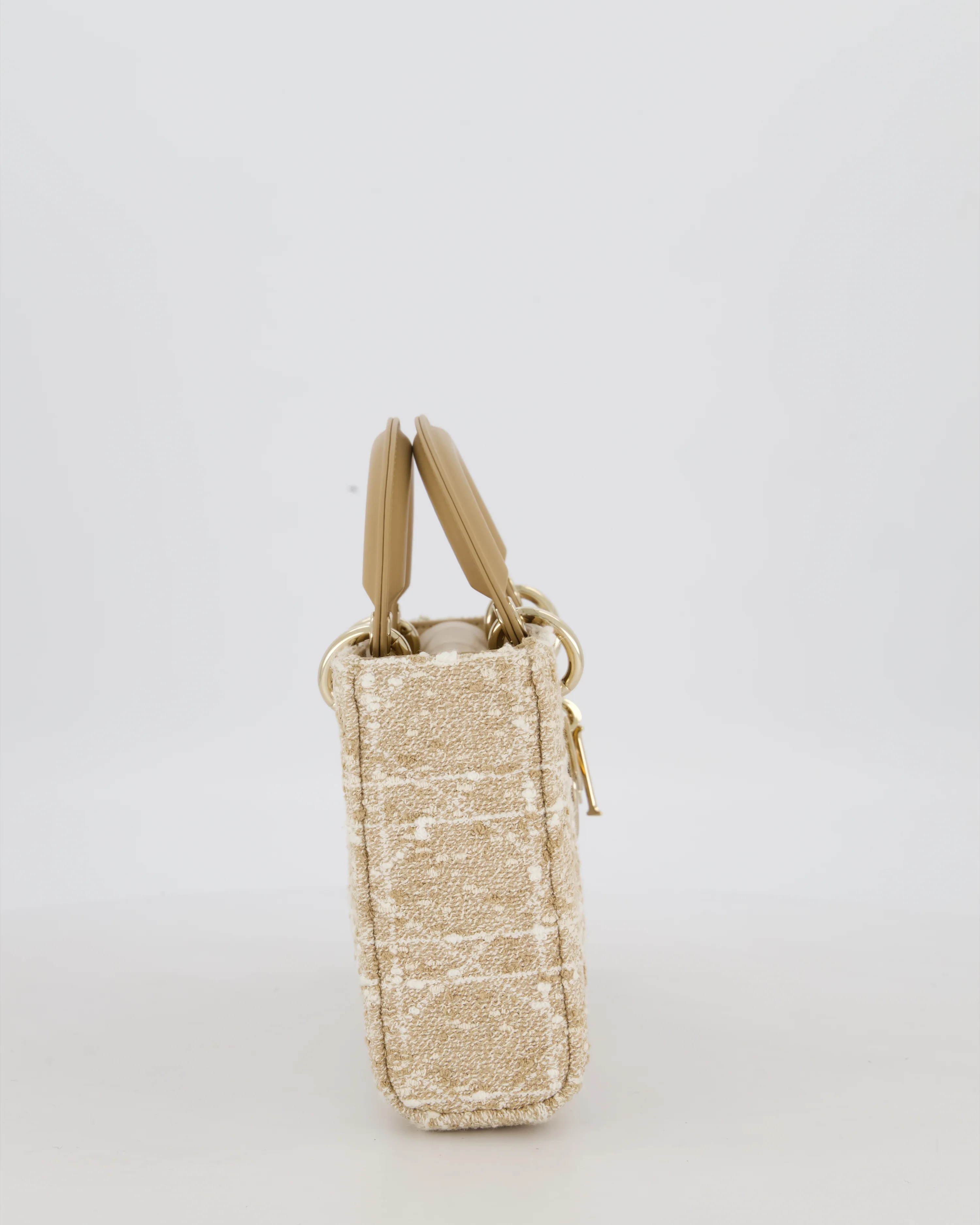 Christian Dior Medium D-Joy in Beige & Écru Tweed Canvas & Beige Leather Handles with Champagne Gold Hardware - Image 5