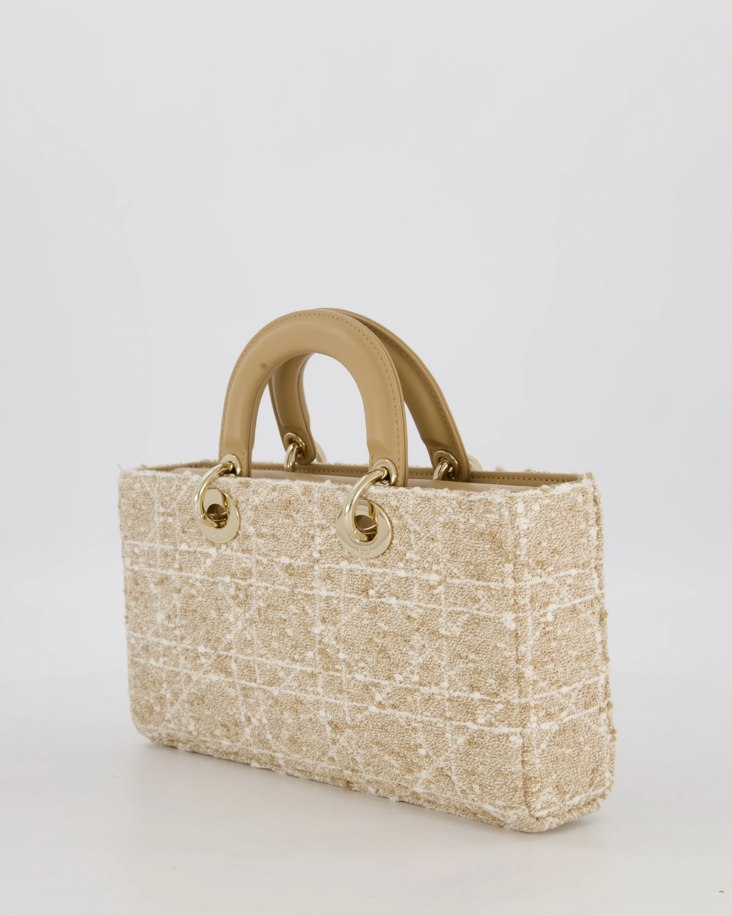 Christian Dior Medium D-Joy in Beige & Écru Tweed Canvas & Beige Leather Handles with Champagne Gold Hardware - Image 6