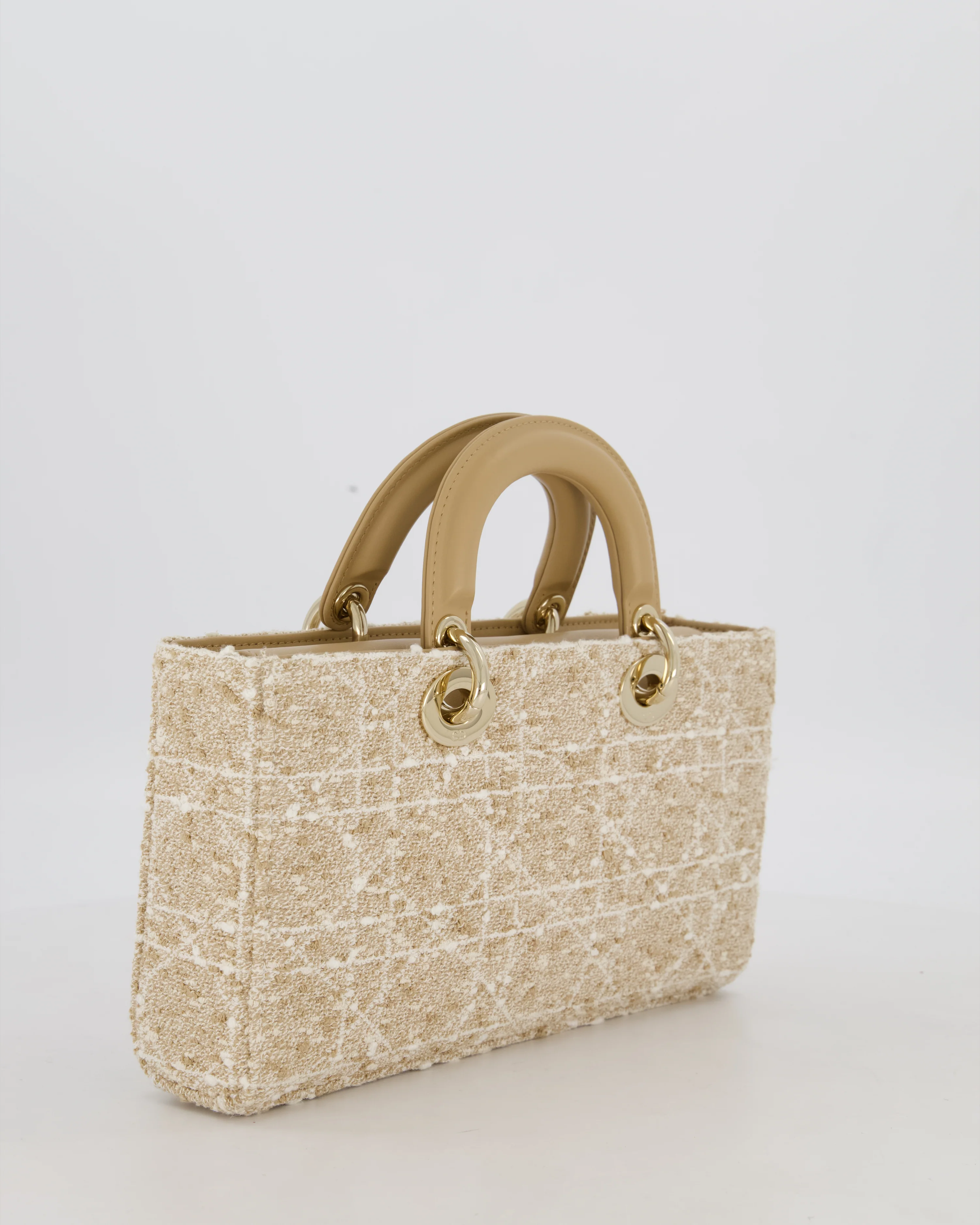Christian Dior Medium D-Joy in Beige & Écru Tweed Canvas & Beige Leather Handles with Champagne Gold Hardware - Image 8