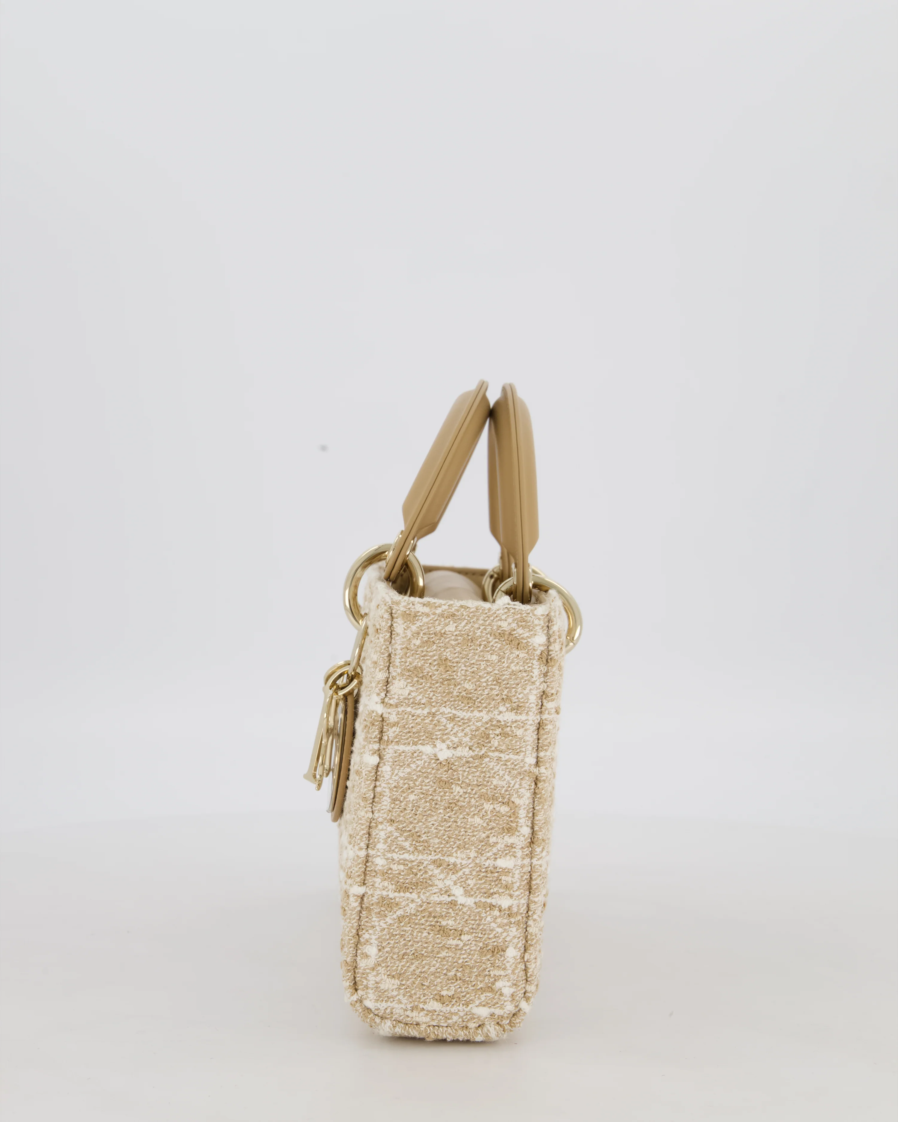 Christian Dior Medium D-Joy in Beige & Écru Tweed Canvas & Beige Leather Handles with Champagne Gold Hardware - Image 9