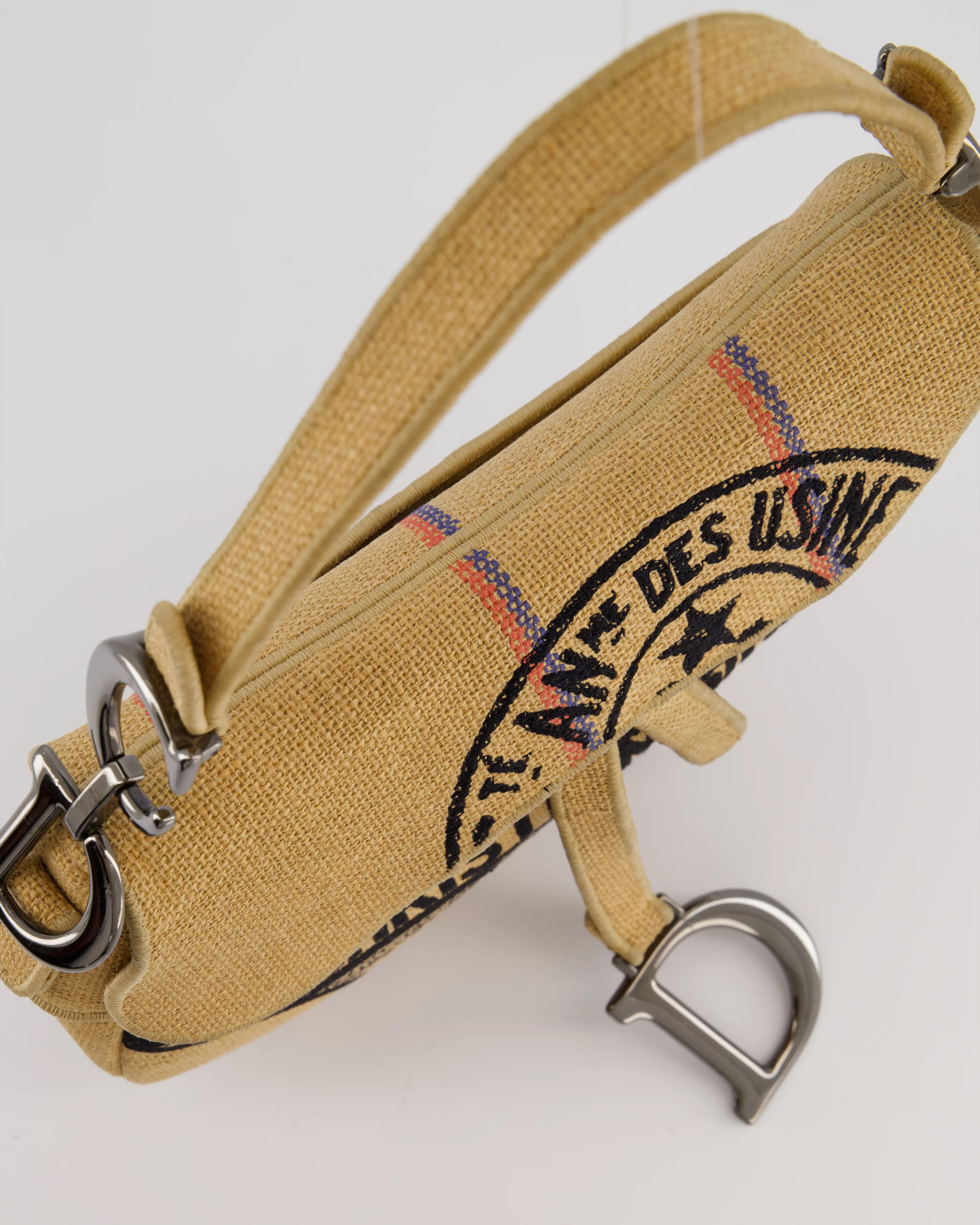 Christian Dior Medium Jute Canvas Embroidered Union Saddle Bag in Raffia Canvas with Ruthenium Hardware - Image 13