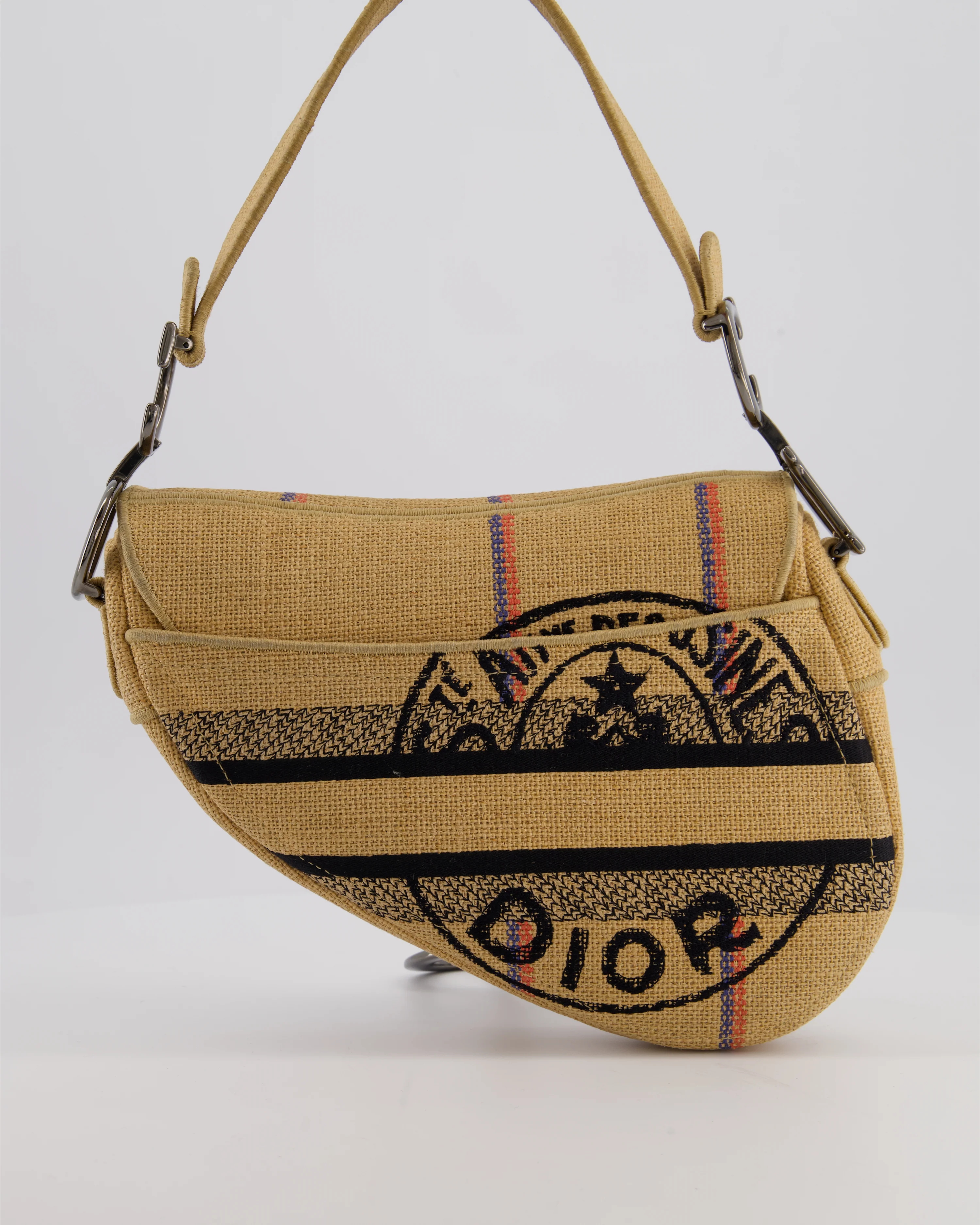 Christian Dior Medium Jute Canvas Embroidered Union Saddle Bag in Raffia Canvas with Ruthenium Hardware - Image 5