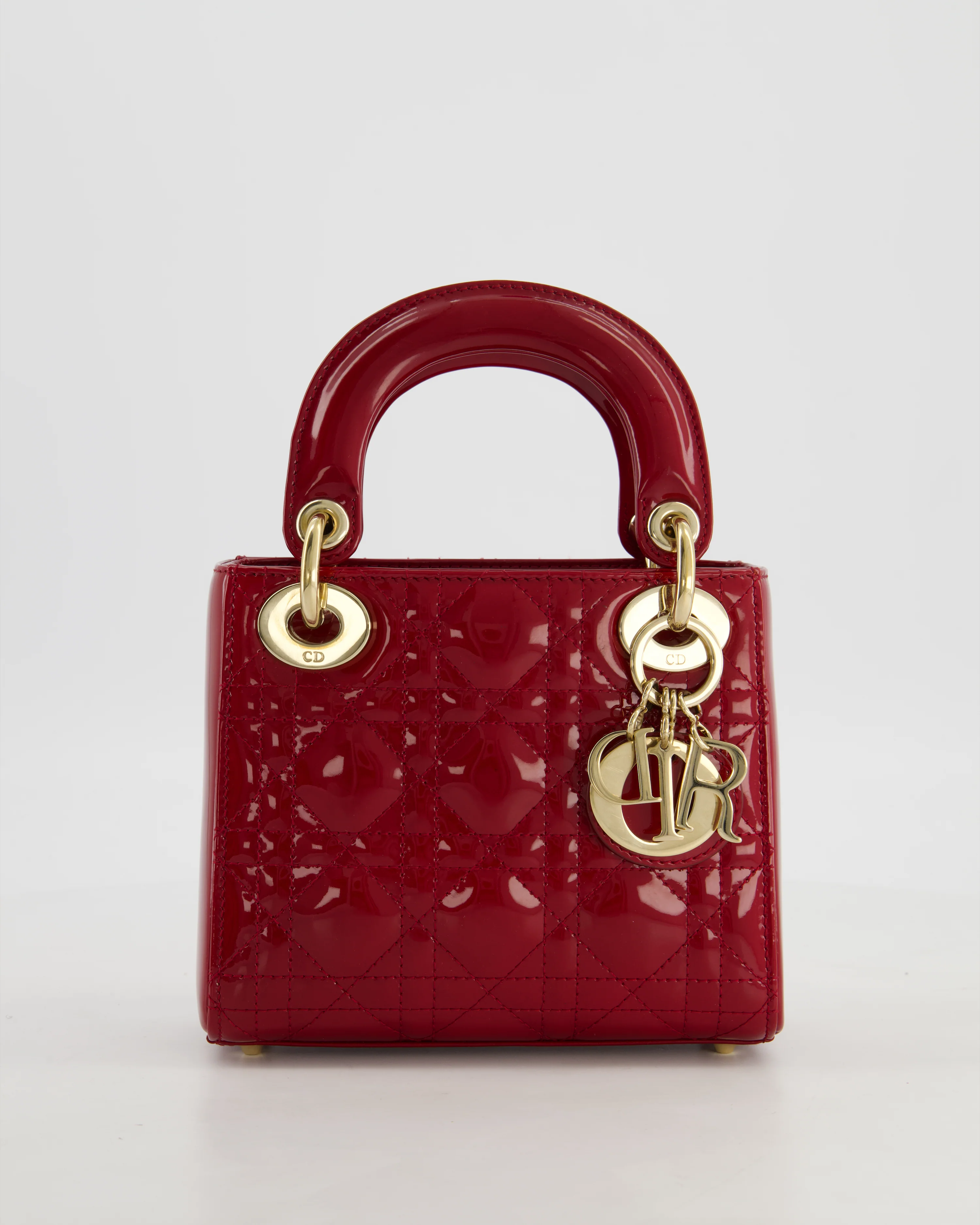 Christian Dior Mini Lady Dior Bag In Red Patent Leather and Champagne Gold Hardware RRP £4,200
