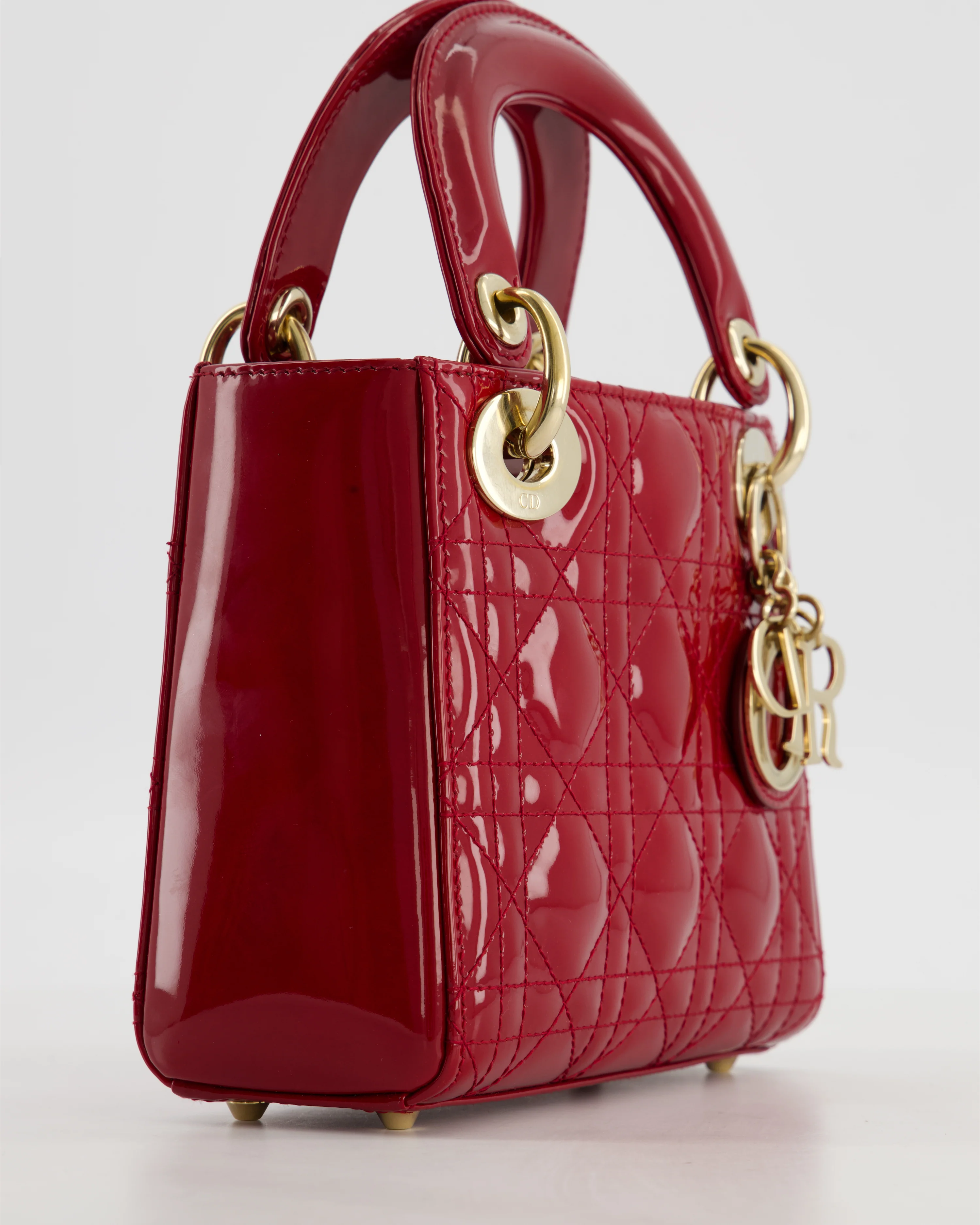 Christian Dior Mini Lady Dior Bag In Red Patent Leather and Champagne Gold Hardware RRP £4,200 - Image 11
