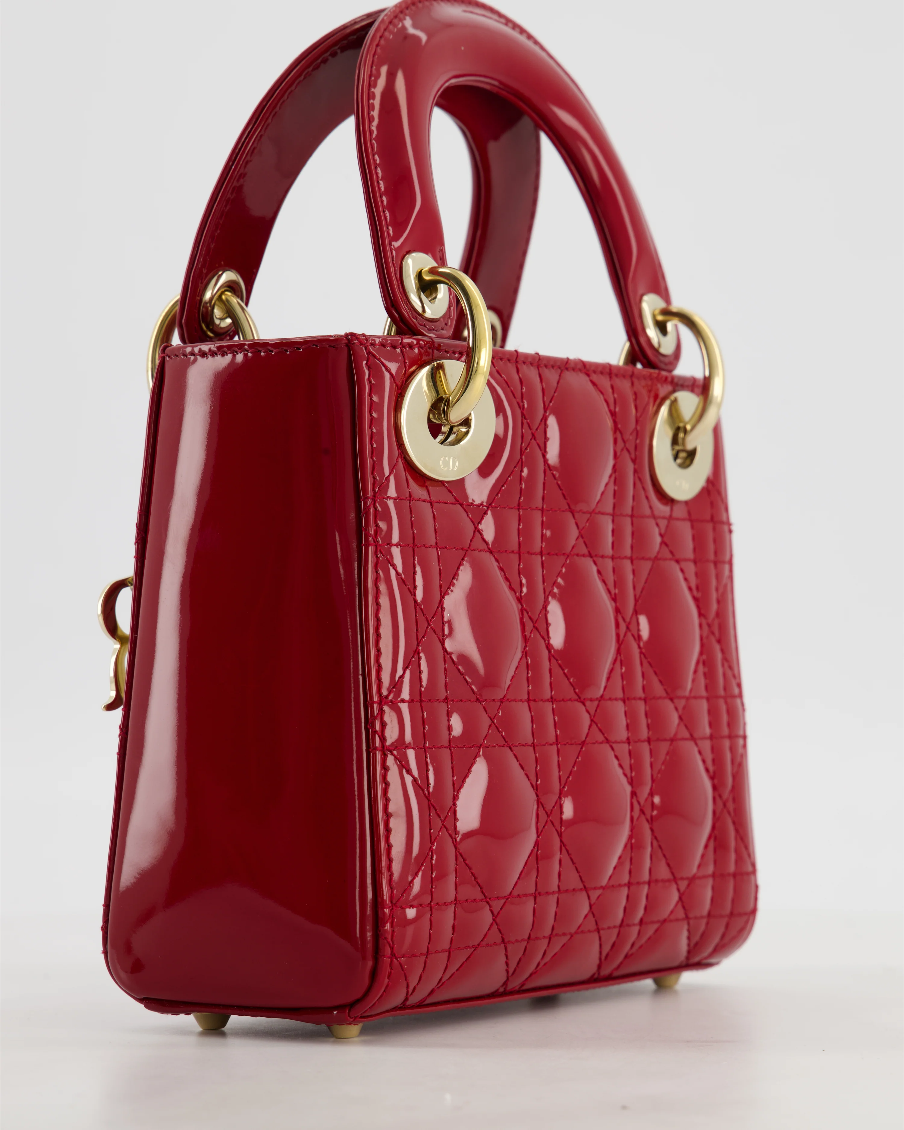 Christian Dior Mini Lady Dior Bag In Red Patent Leather and Champagne Gold Hardware RRP £4,200 - Image 13
