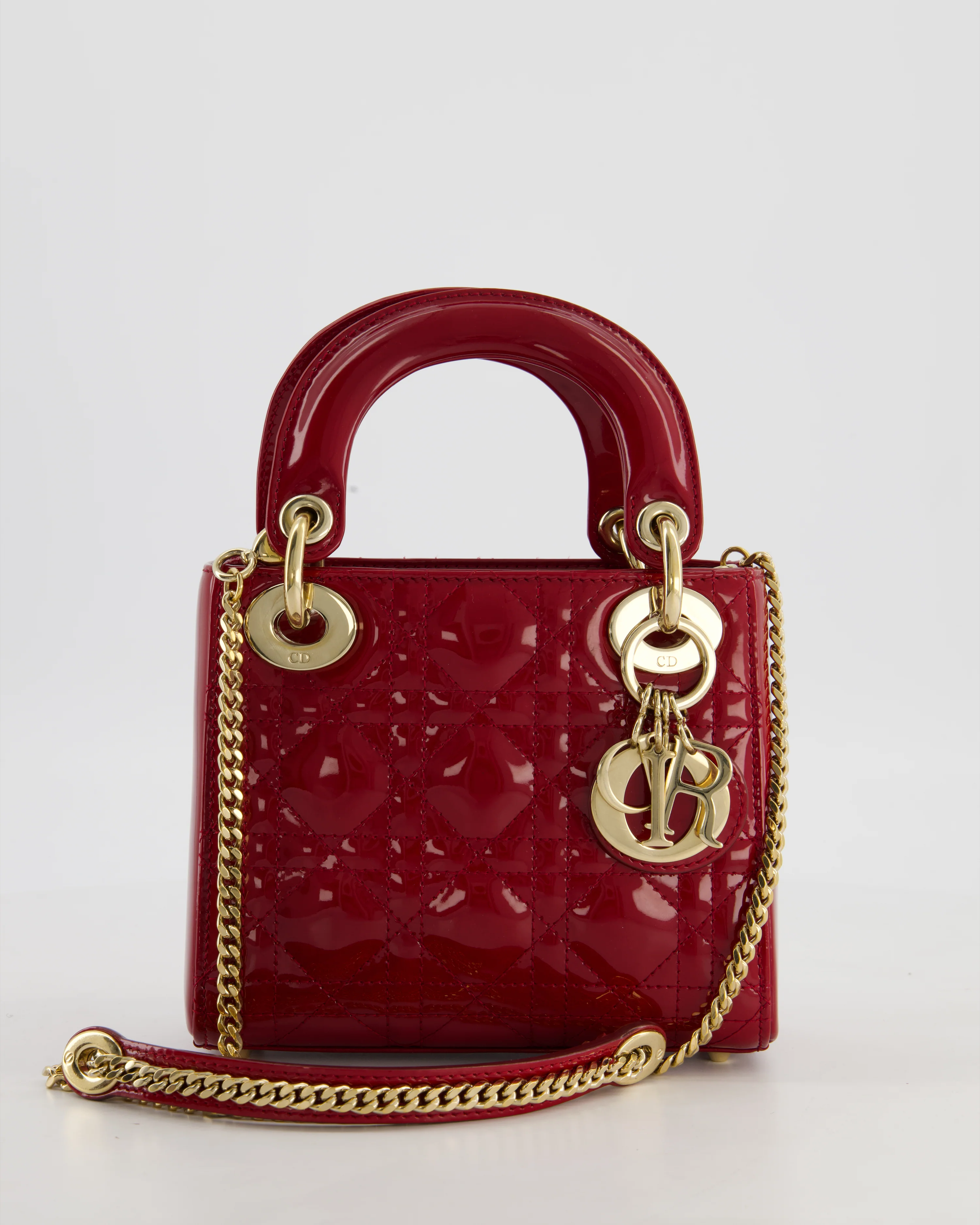Christian Dior Mini Lady Dior Bag In Red Patent Leather and Champagne Gold Hardware RRP £4,200 - Image 2