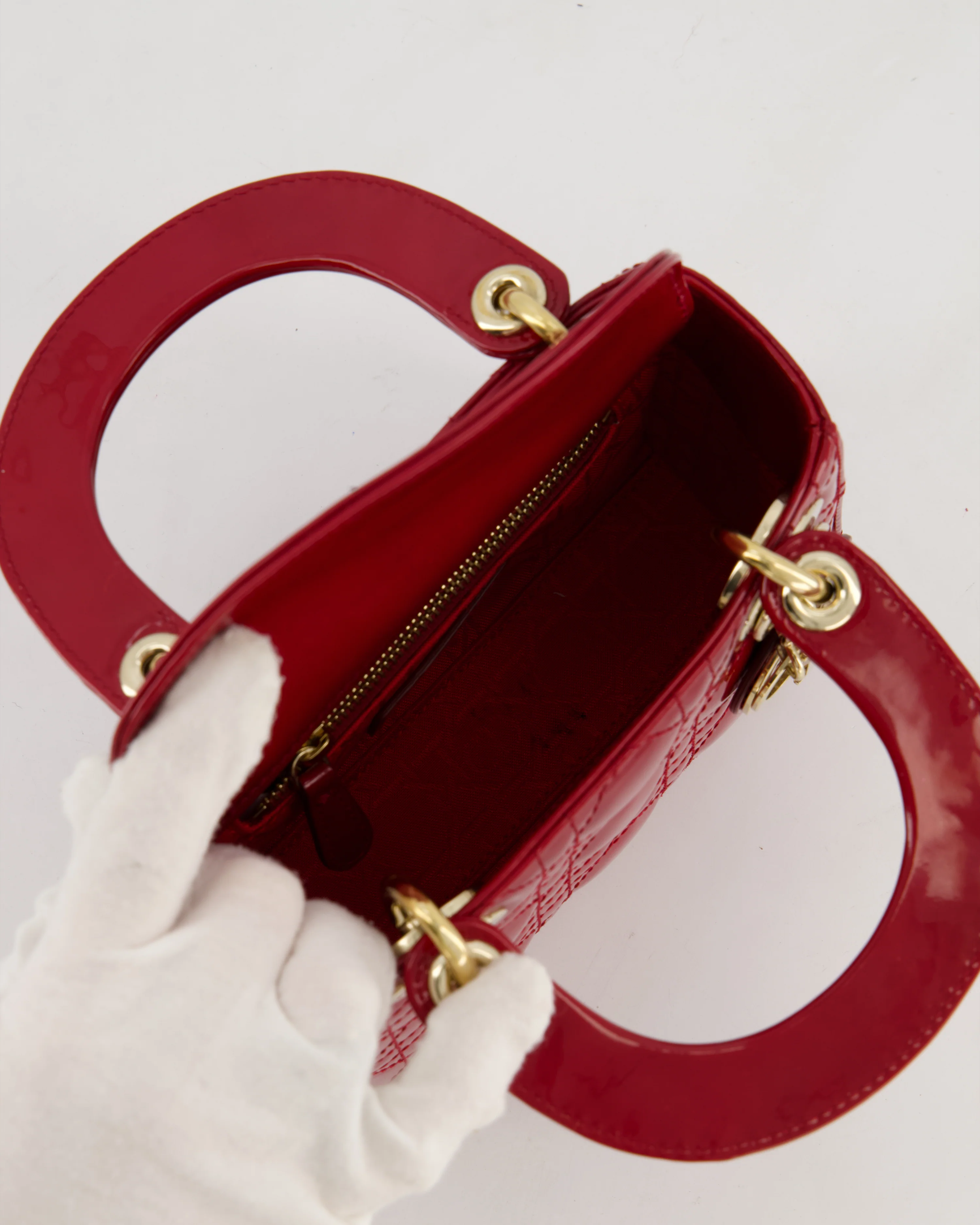 Christian Dior Mini Lady Dior Bag In Red Patent Leather and Champagne Gold Hardware RRP £4,200 - Image 20