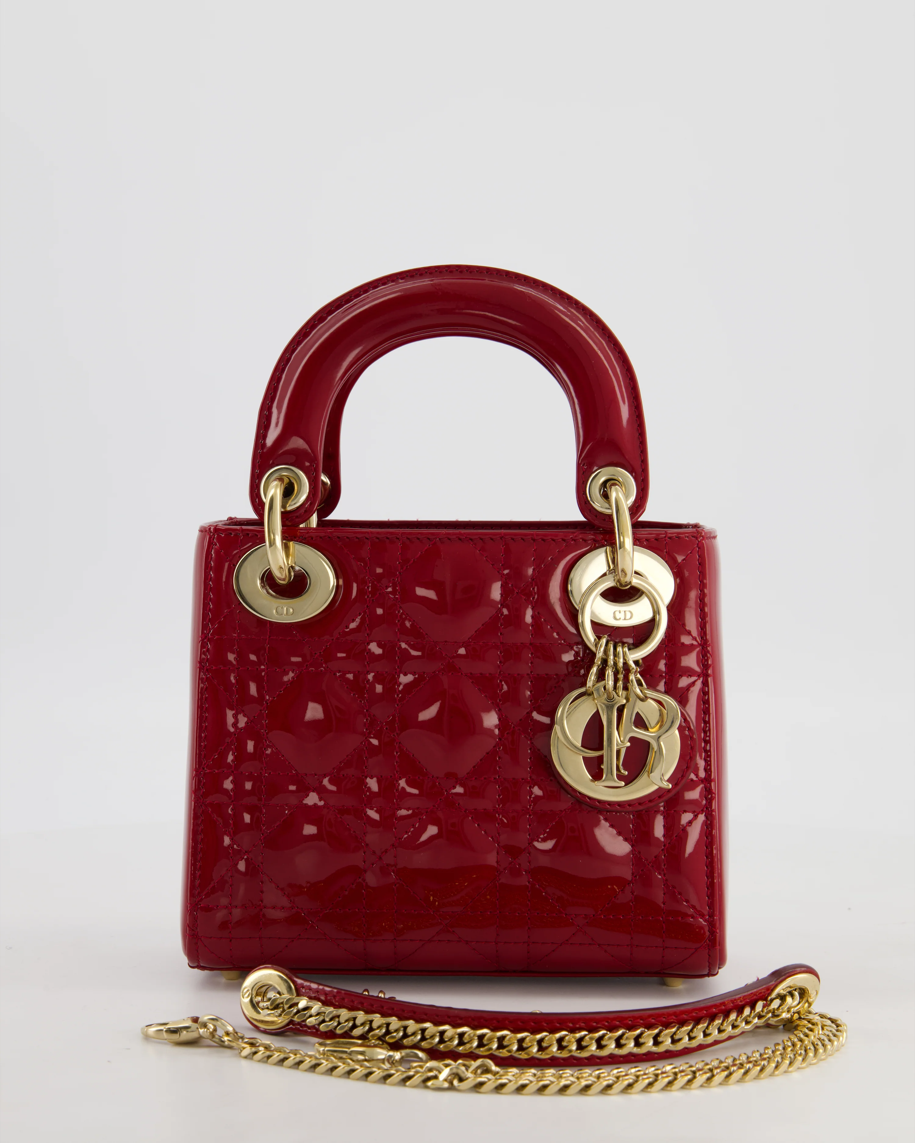 Christian Dior Mini Lady Dior Bag In Red Patent Leather and Champagne Gold Hardware RRP £4,200 - Image 3