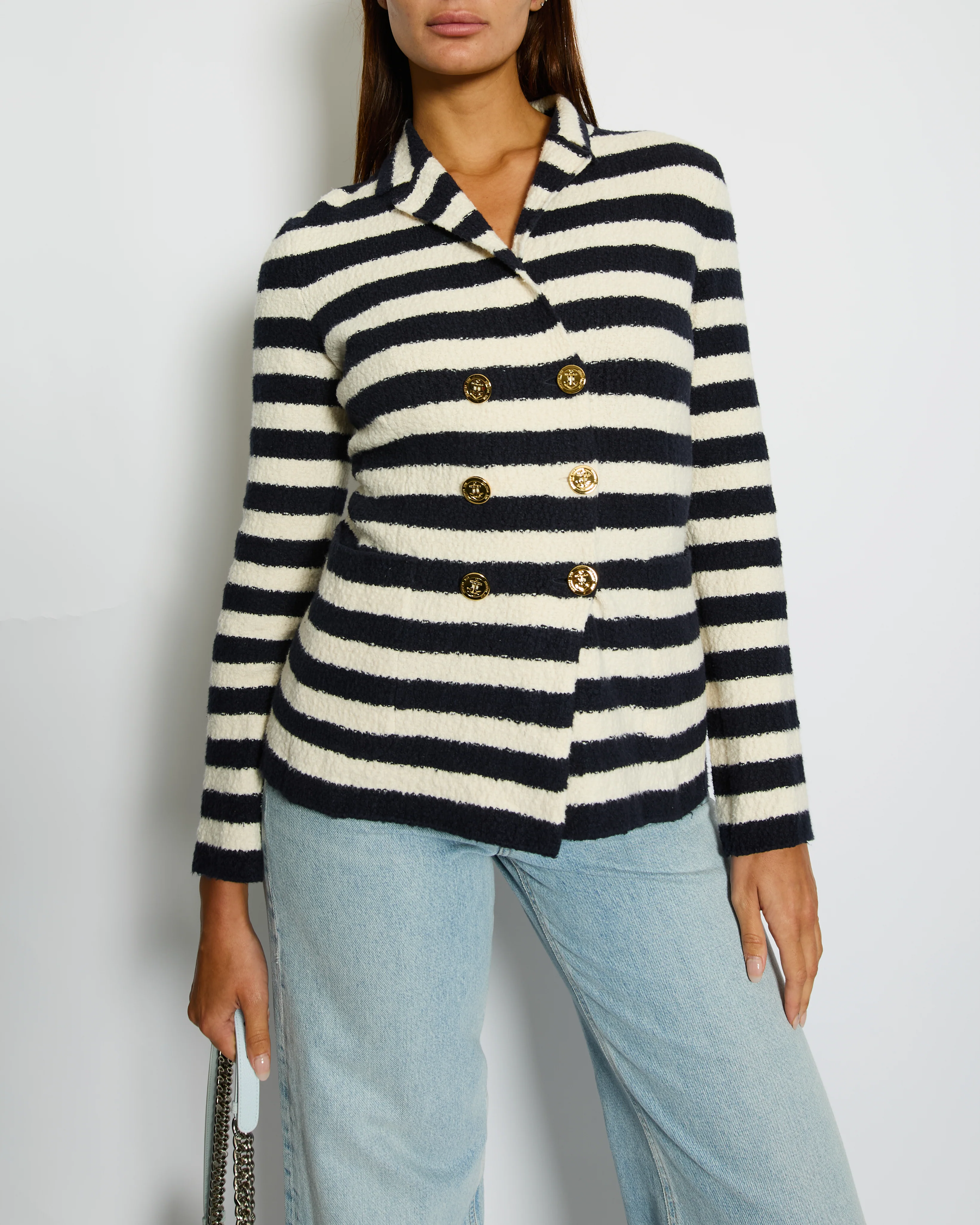 Christian Dior Navy and White Striped Knit Jacket with Gold Anchor Button Details Size FR 38 (UK 10)