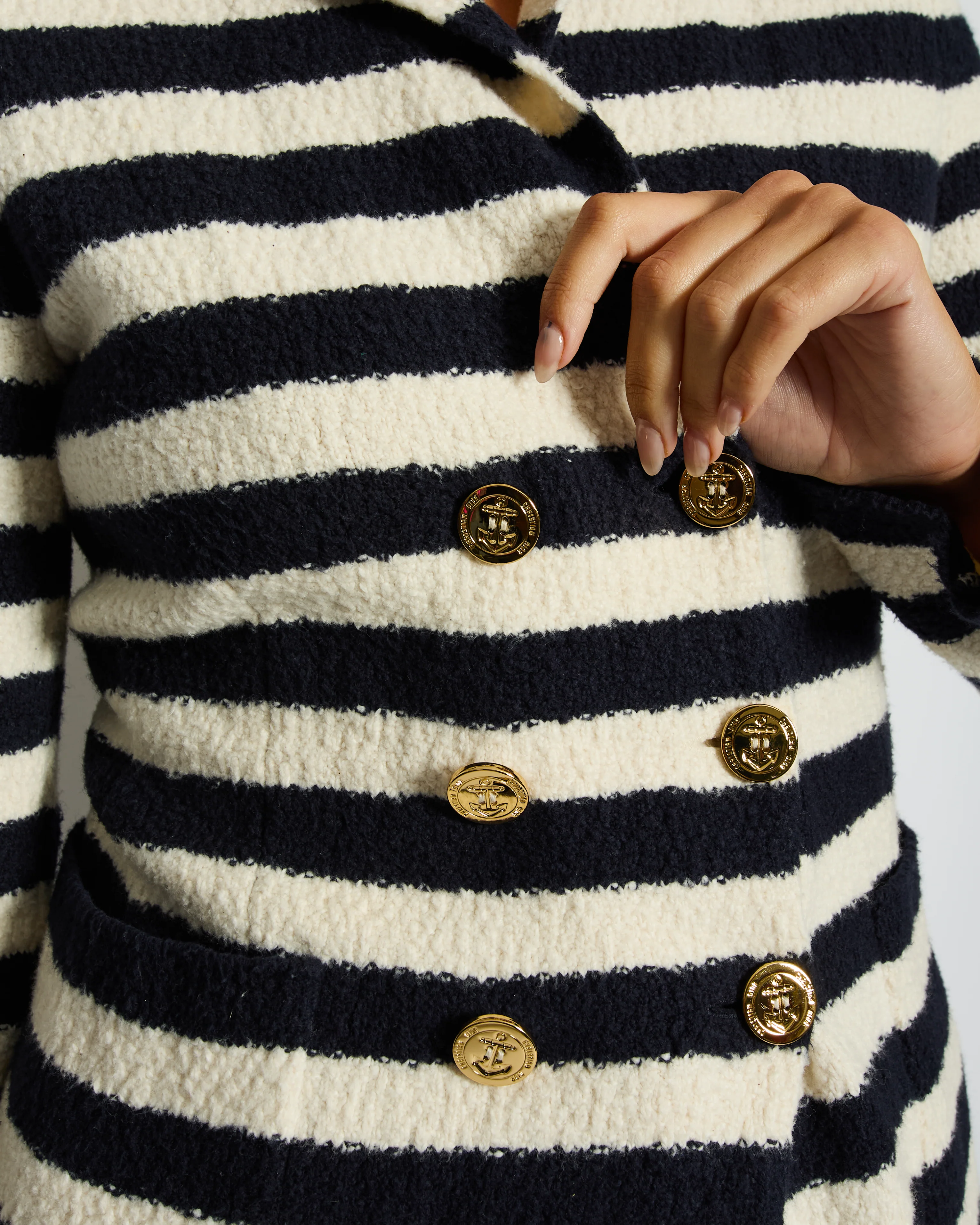 Christian Dior Navy and White Striped Knit Jacket with Gold Anchor Button Details Size FR 38 (UK 10) - Image 2
