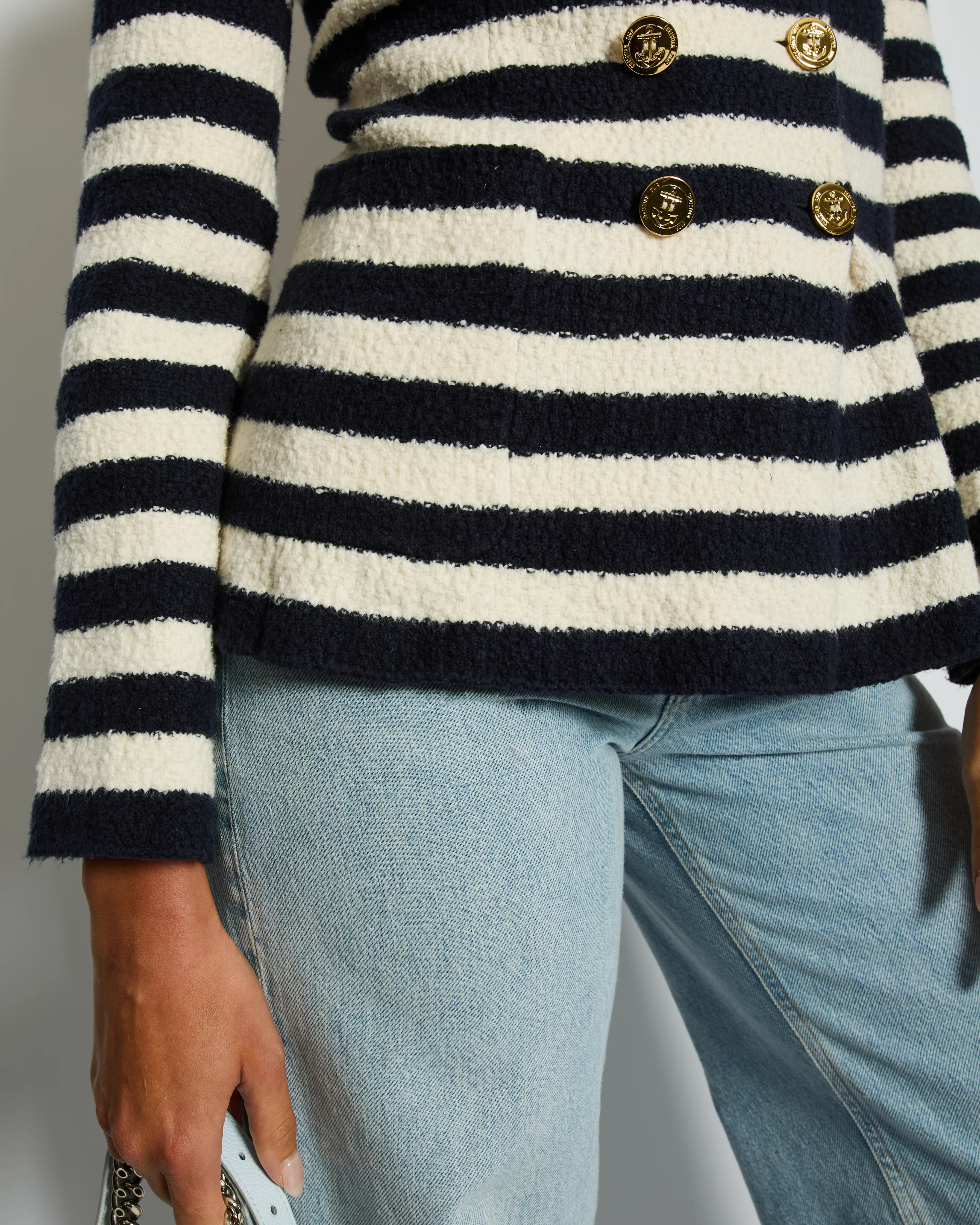 Christian Dior Navy and White Striped Knit Jacket with Gold Anchor Button Details Size FR 38 (UK 10) - Image 4
