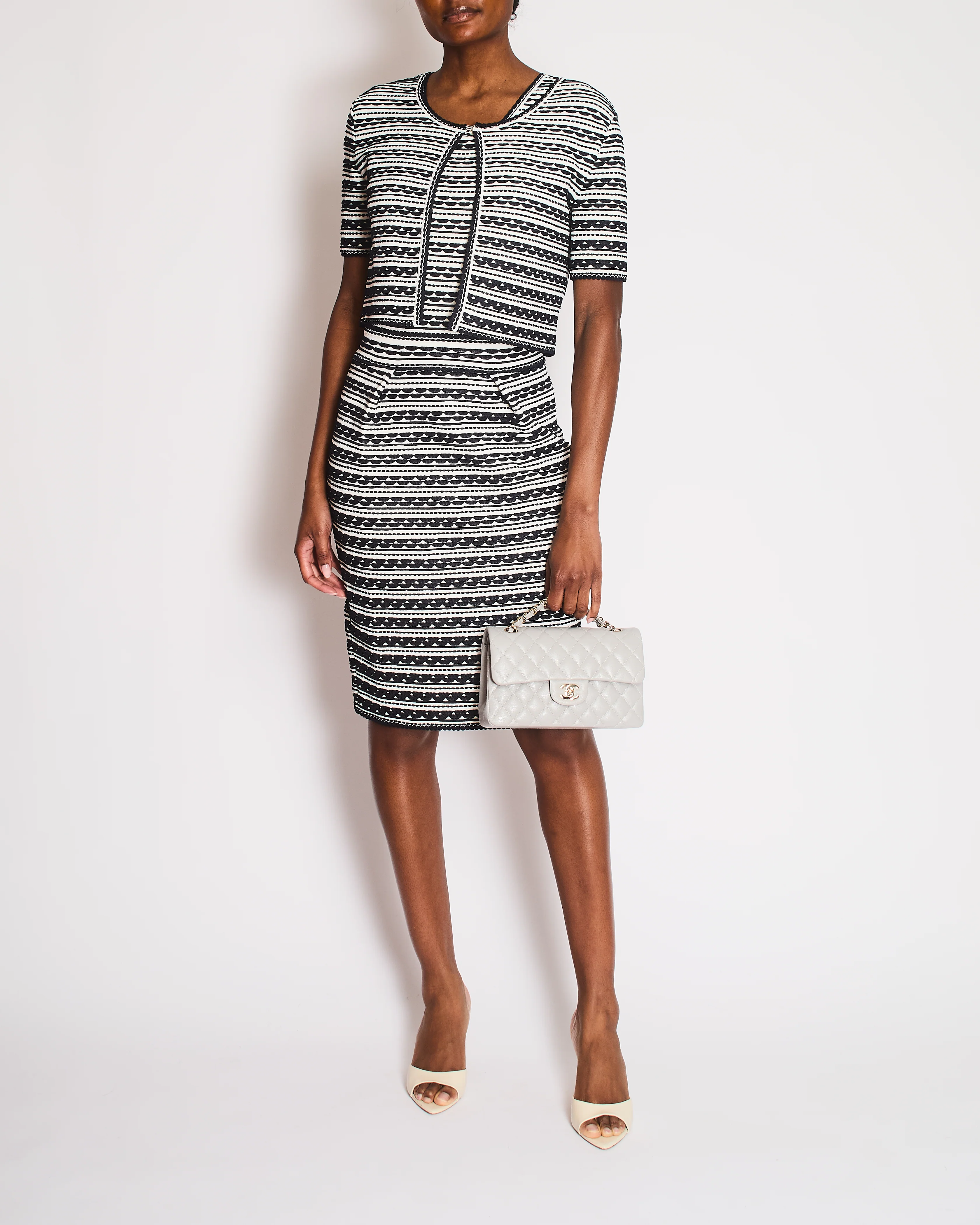 Christian Dior Navy and White Striped Textured Midi Dress and Cardigan Set Size FR 42 (UK 14)