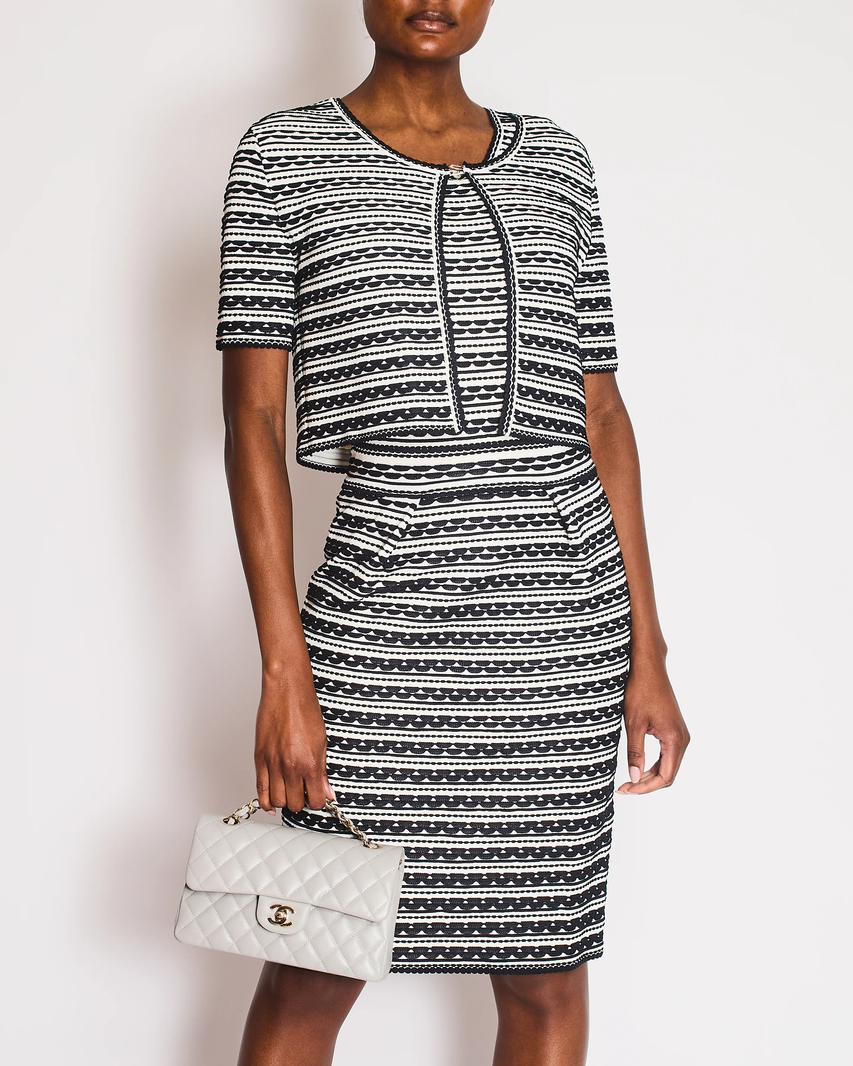 Christian Dior Navy and White Striped Textured Midi Dress and Cardigan Set Size FR 42 (UK 14) - Image 2