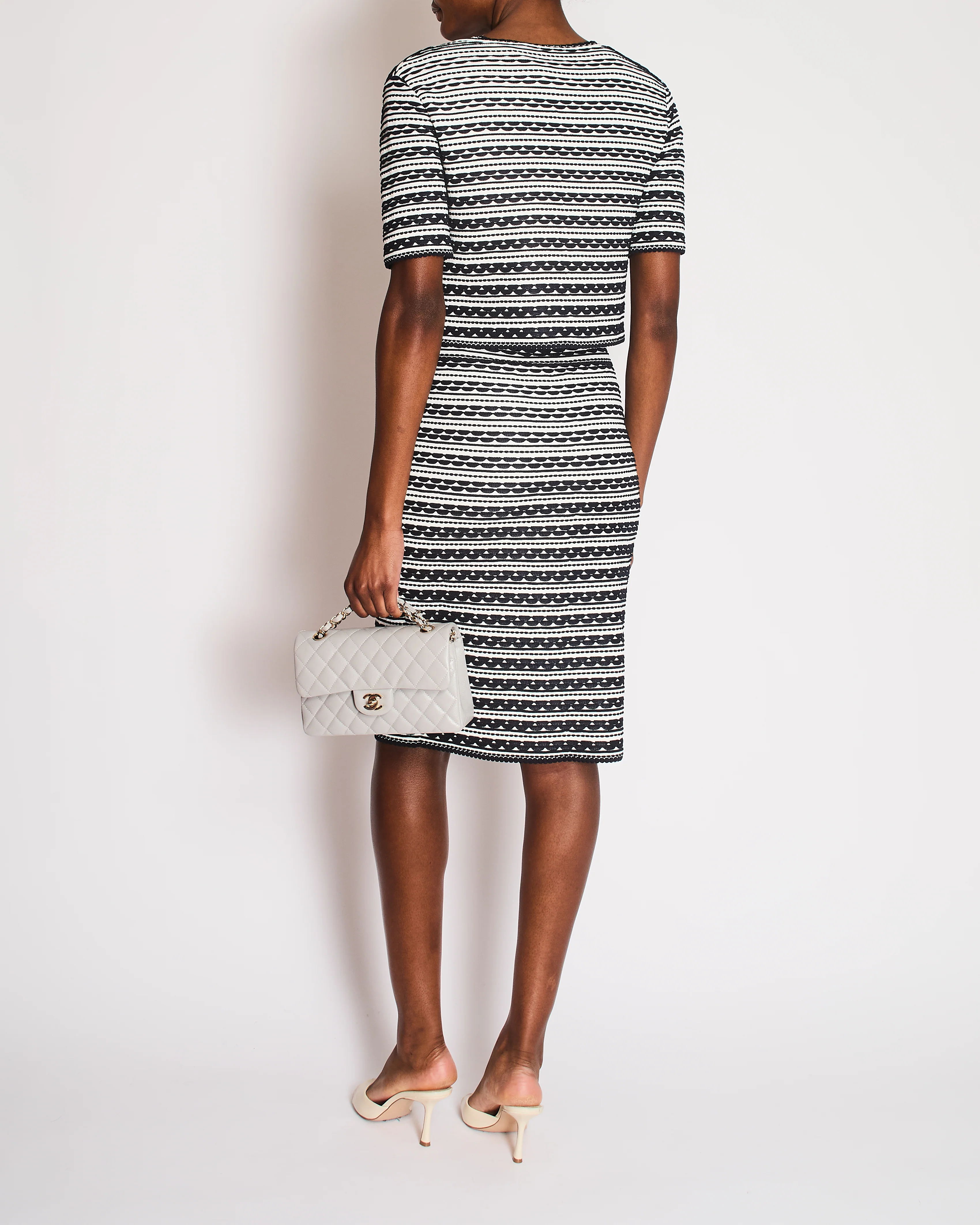 Christian Dior Navy and White Striped Textured Midi Dress and Cardigan Set Size FR 42 (UK 14) - Image 4