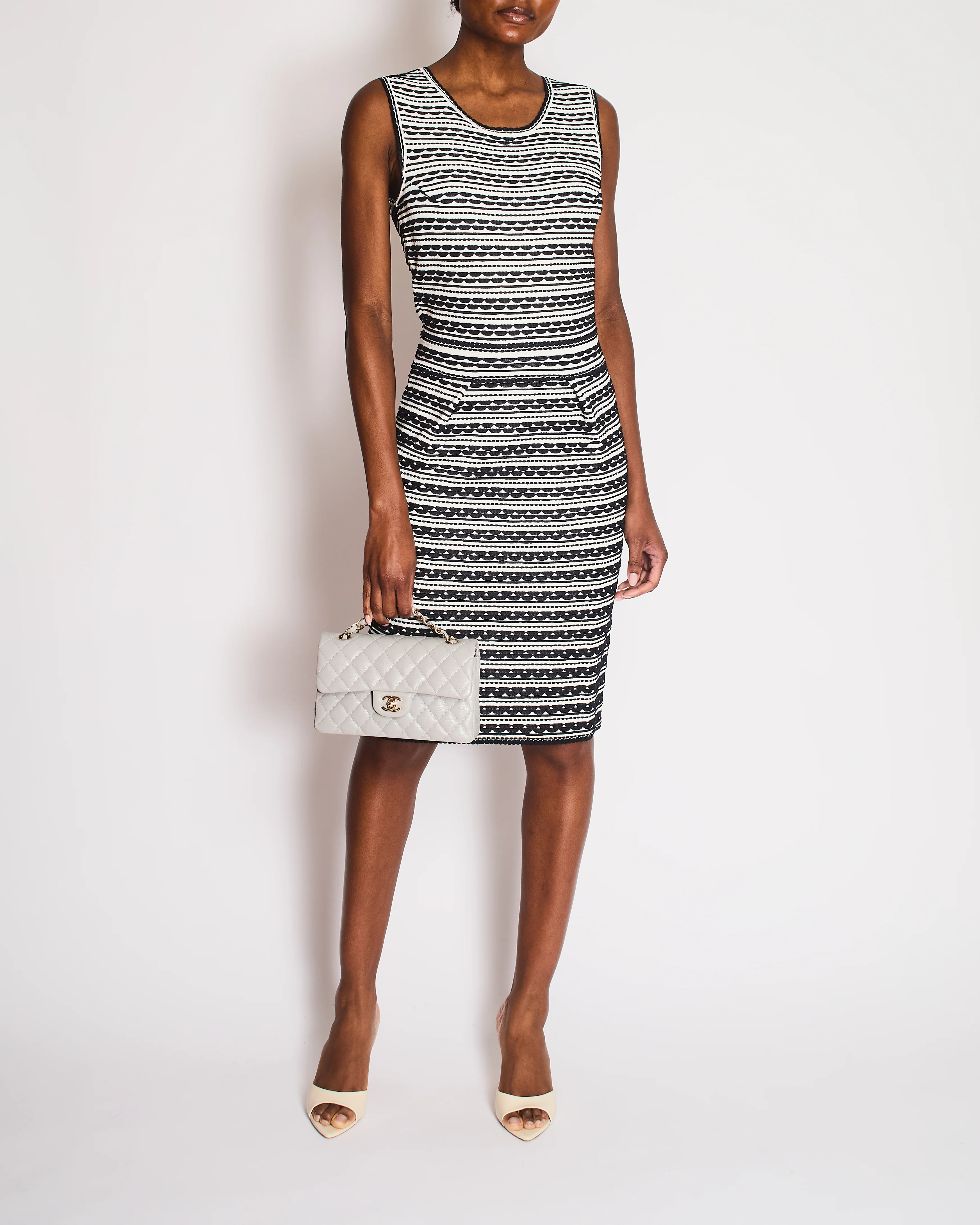 Christian Dior Navy and White Striped Textured Midi Dress and Cardigan Set Size FR 42 (UK 14) - Image 5