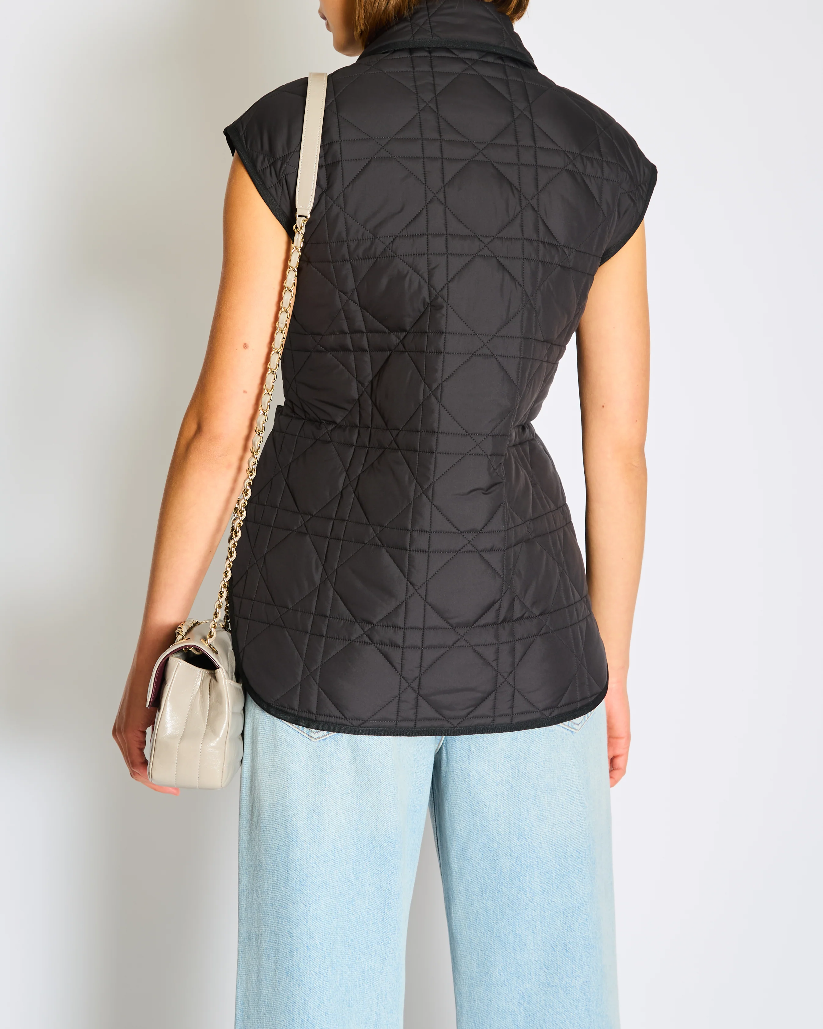 Christian Dior Black Macrocannage Quilted Sleeveless Puffer Jacket with Silver Belt and Embroidered Logo Detail Size S (UK 8) - Image 4