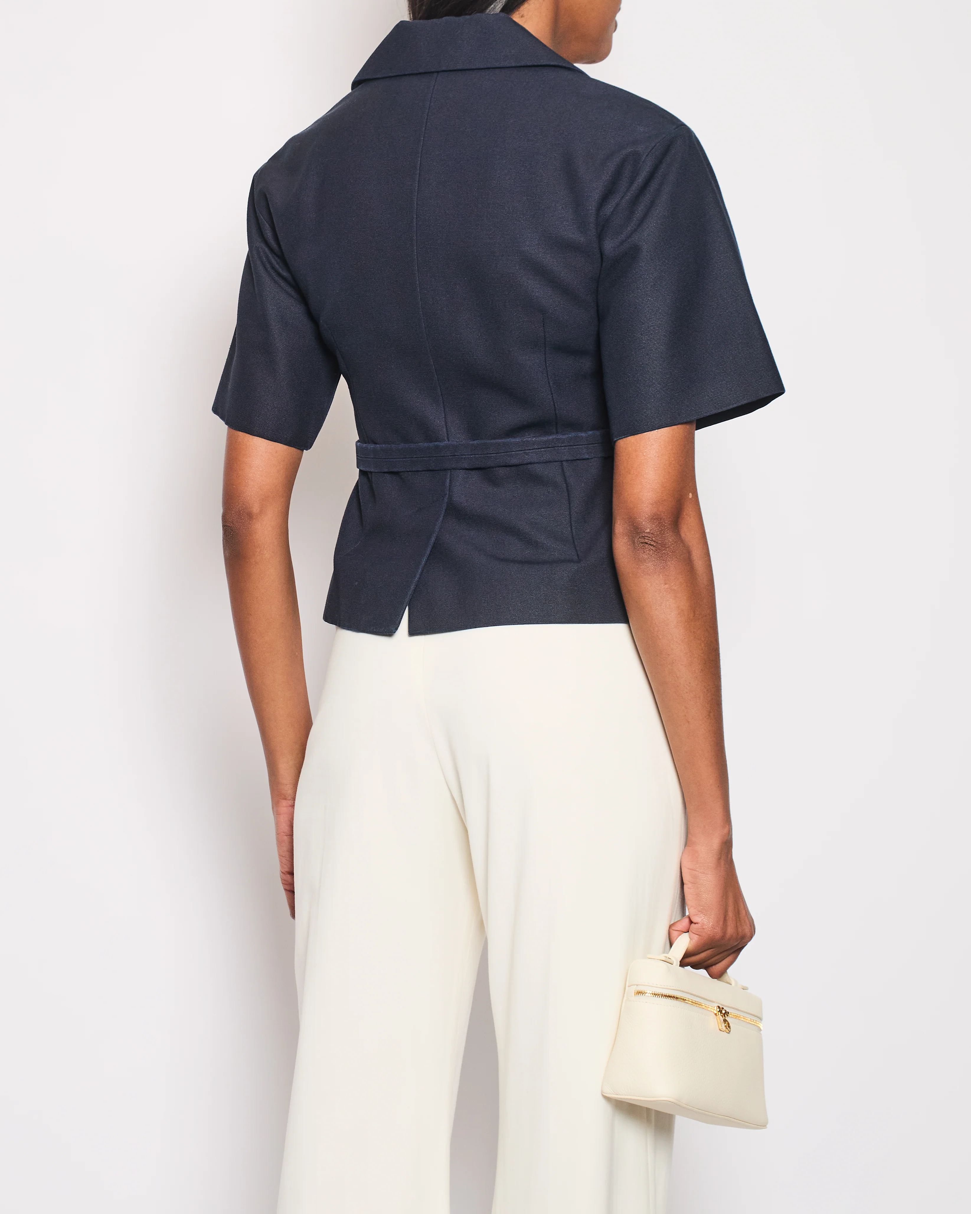 Christian Dior Navy Short-Sleeve Blazer Top With Belt Detail Size FR 34 (UK 6) - Image 3