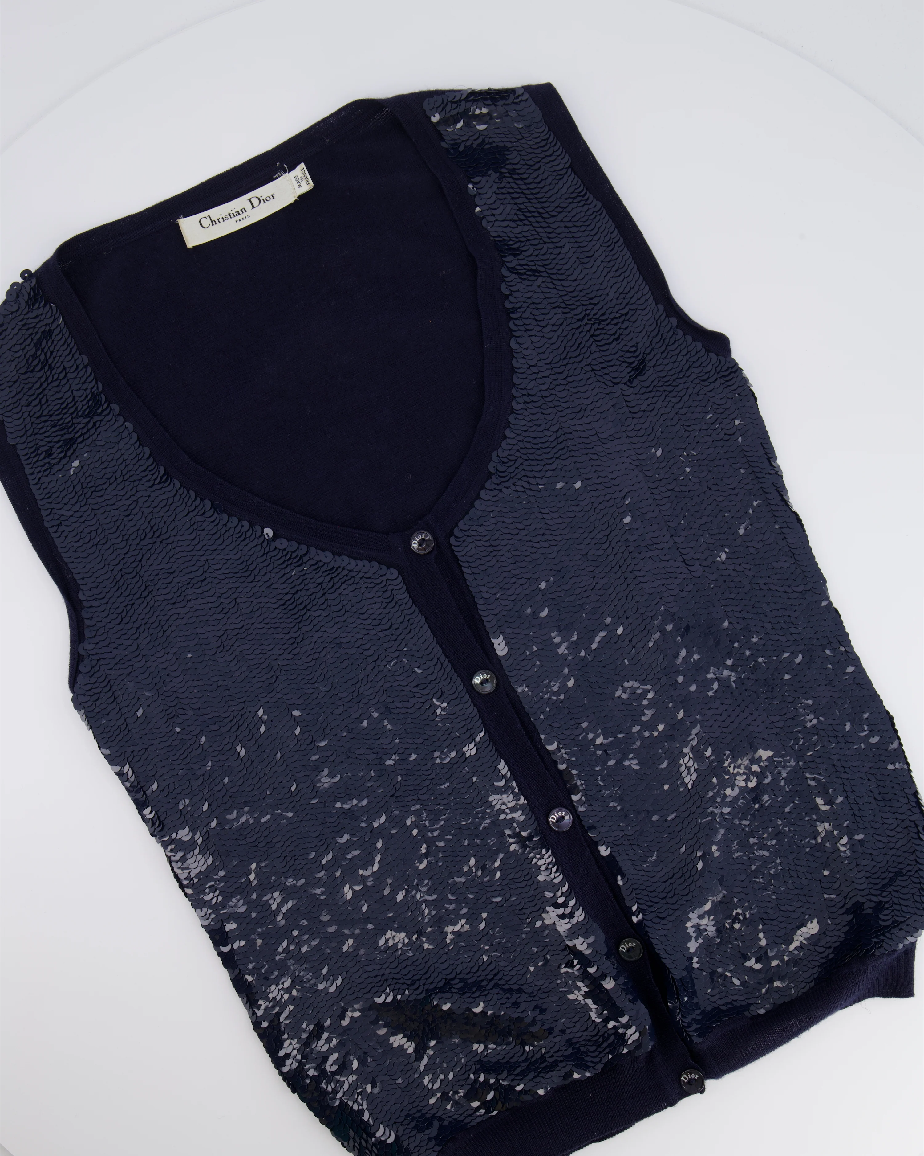 Christian Dior Navy Wool and Sequin Embellished Gilet with Black Logo Buttons Size FR 34 (UK 6) - Image 5