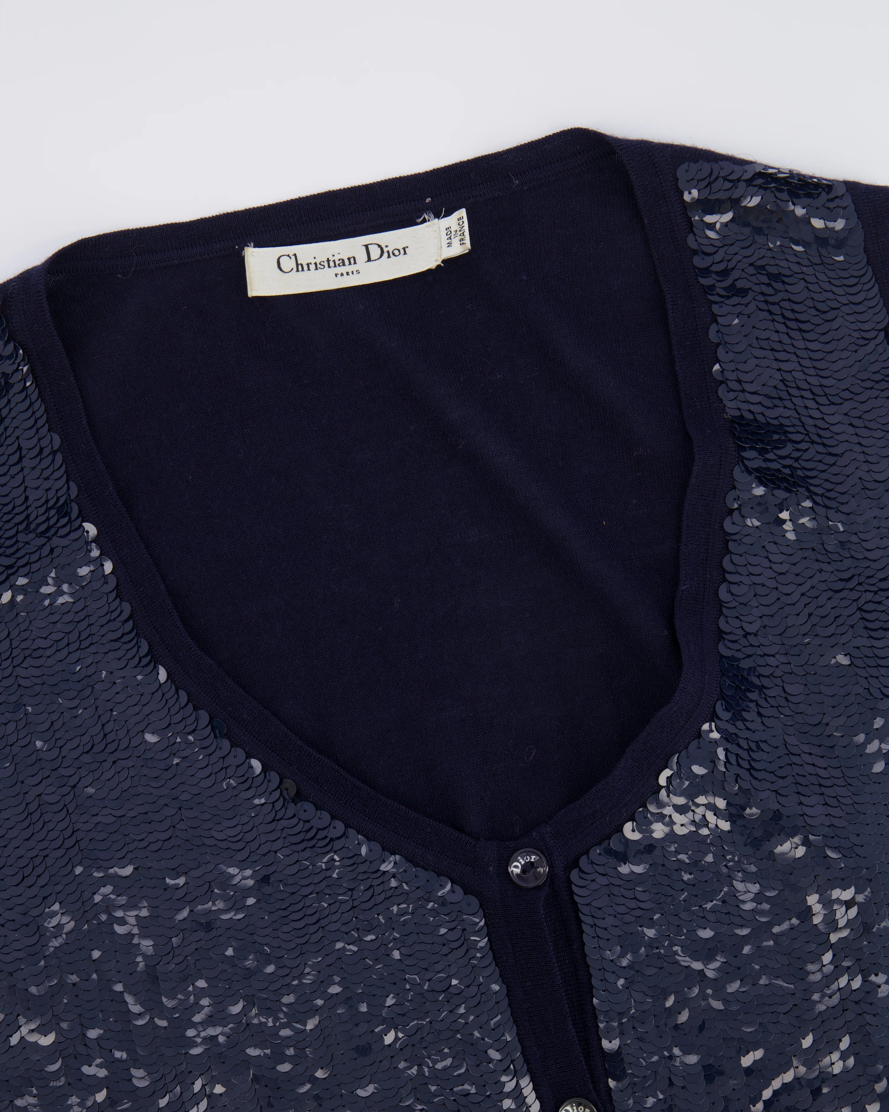 Christian Dior Navy Wool and Sequin Embellished Gilet with Black Logo Buttons Size FR 34 (UK 6) - Image 7