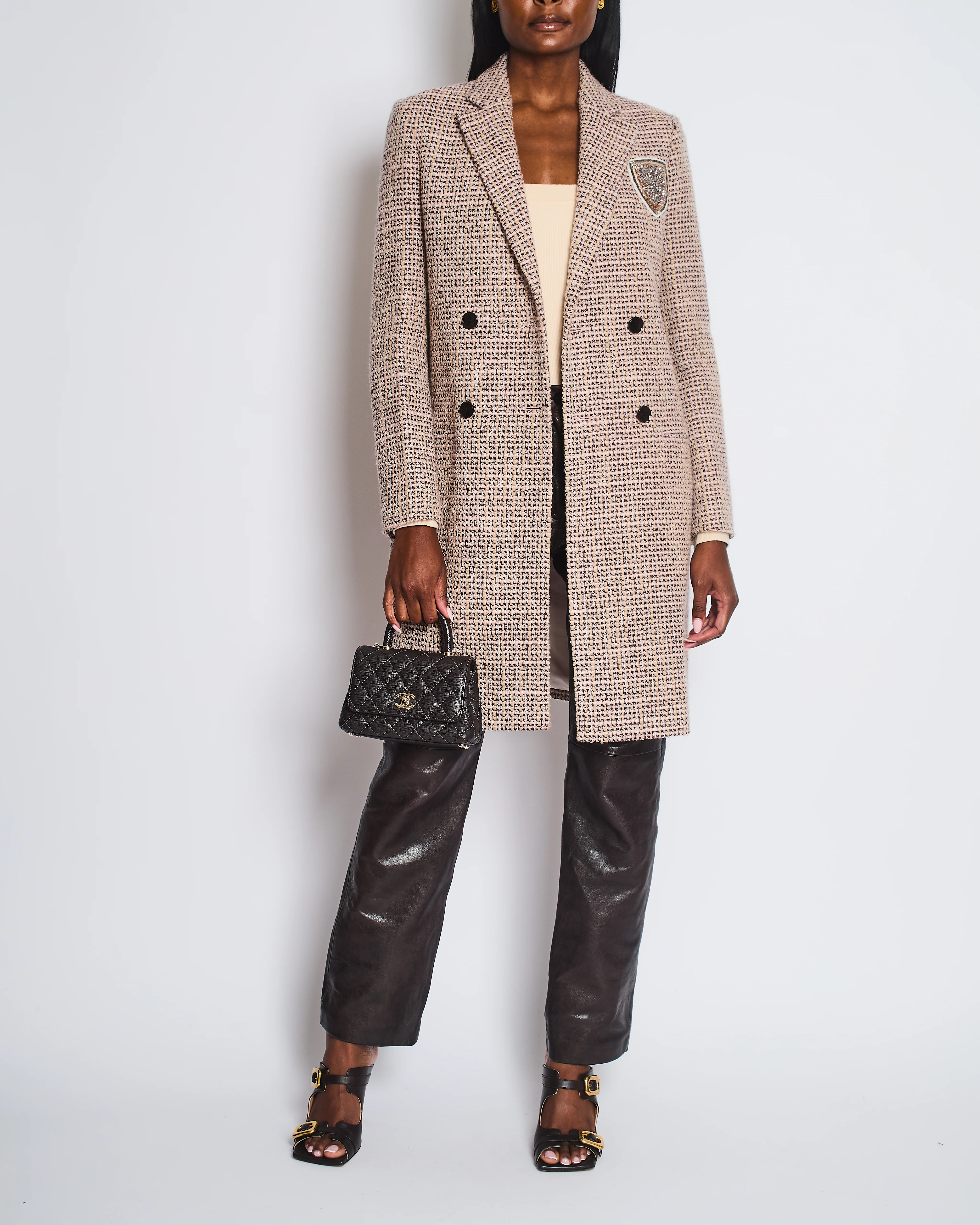 Christian Dior Pink, Burgundy Wool Tweed Coat with Embellished Patch Work Logo Size FR 40 (UK 12) - Image 2