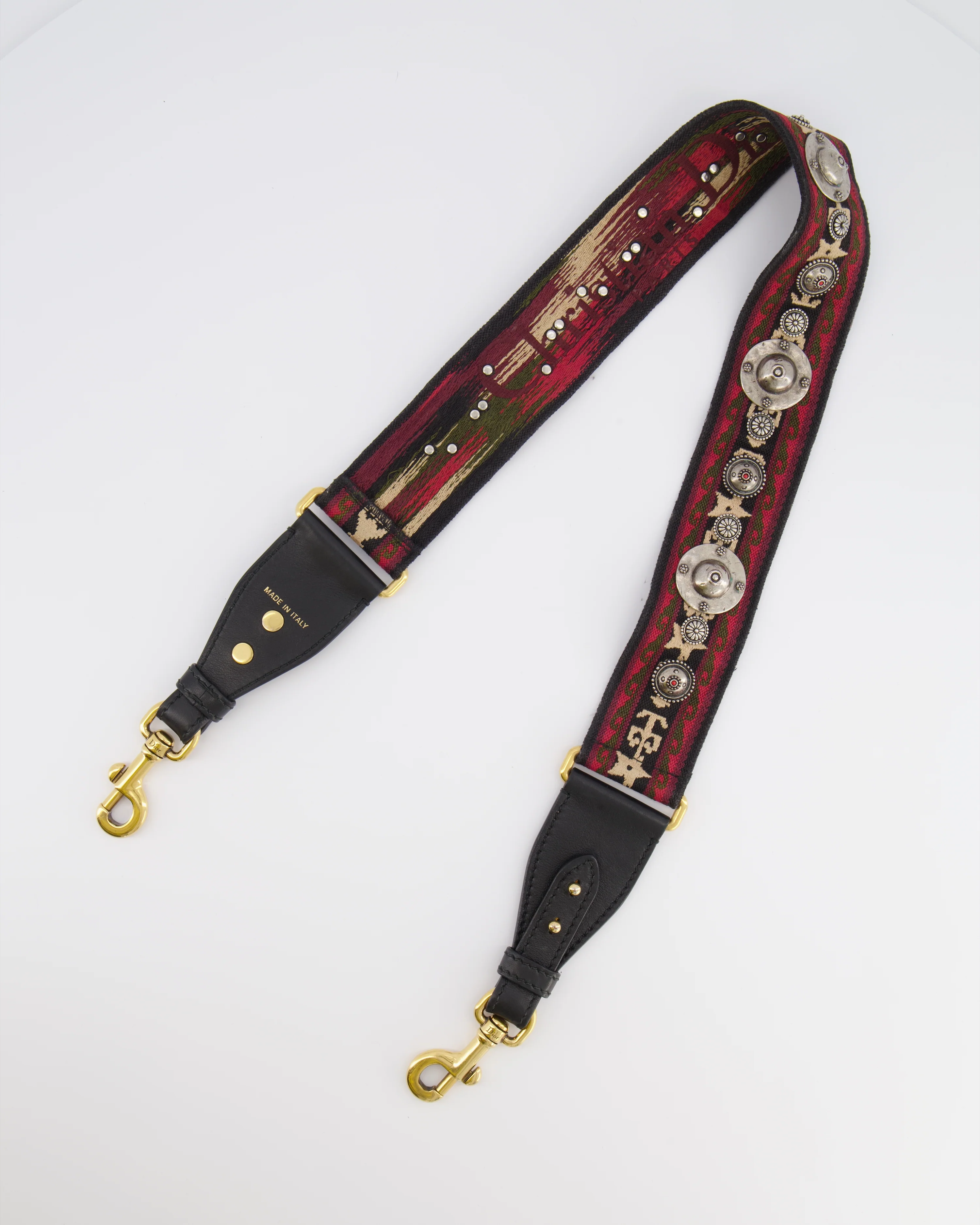 Christian Dior Red, Black and Beige Embroidered Canvas Bag Strap with Silver Studs and Gold Clasps - Image 2