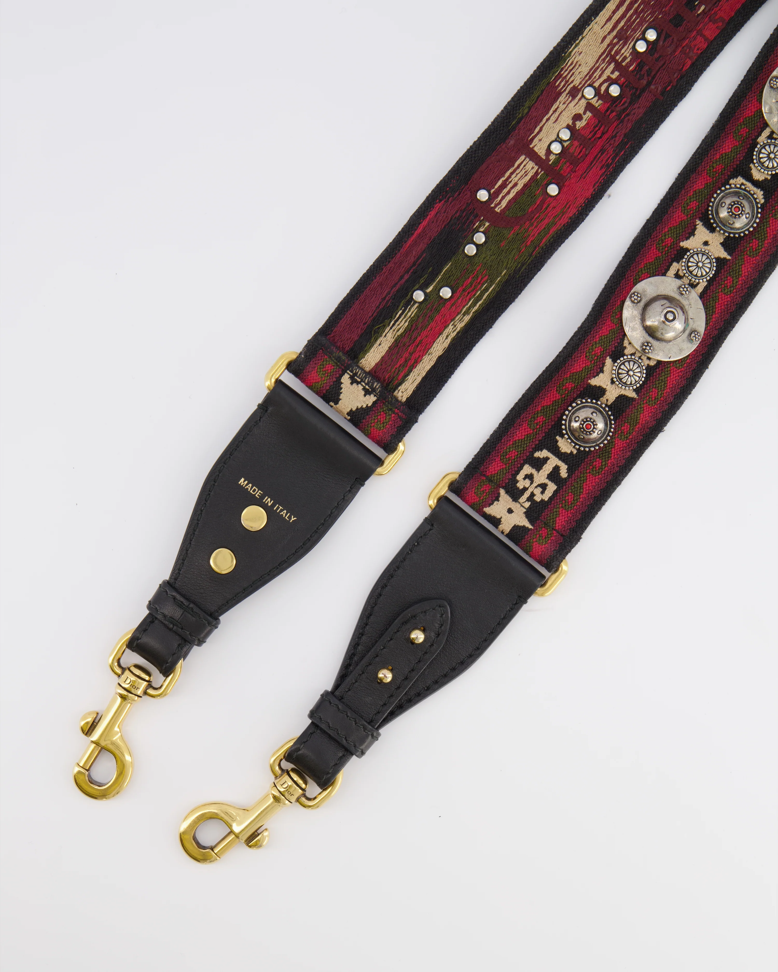 Christian Dior Red, Black and Beige Embroidered Canvas Bag Strap with Silver Studs and Gold Clasps - Image 3